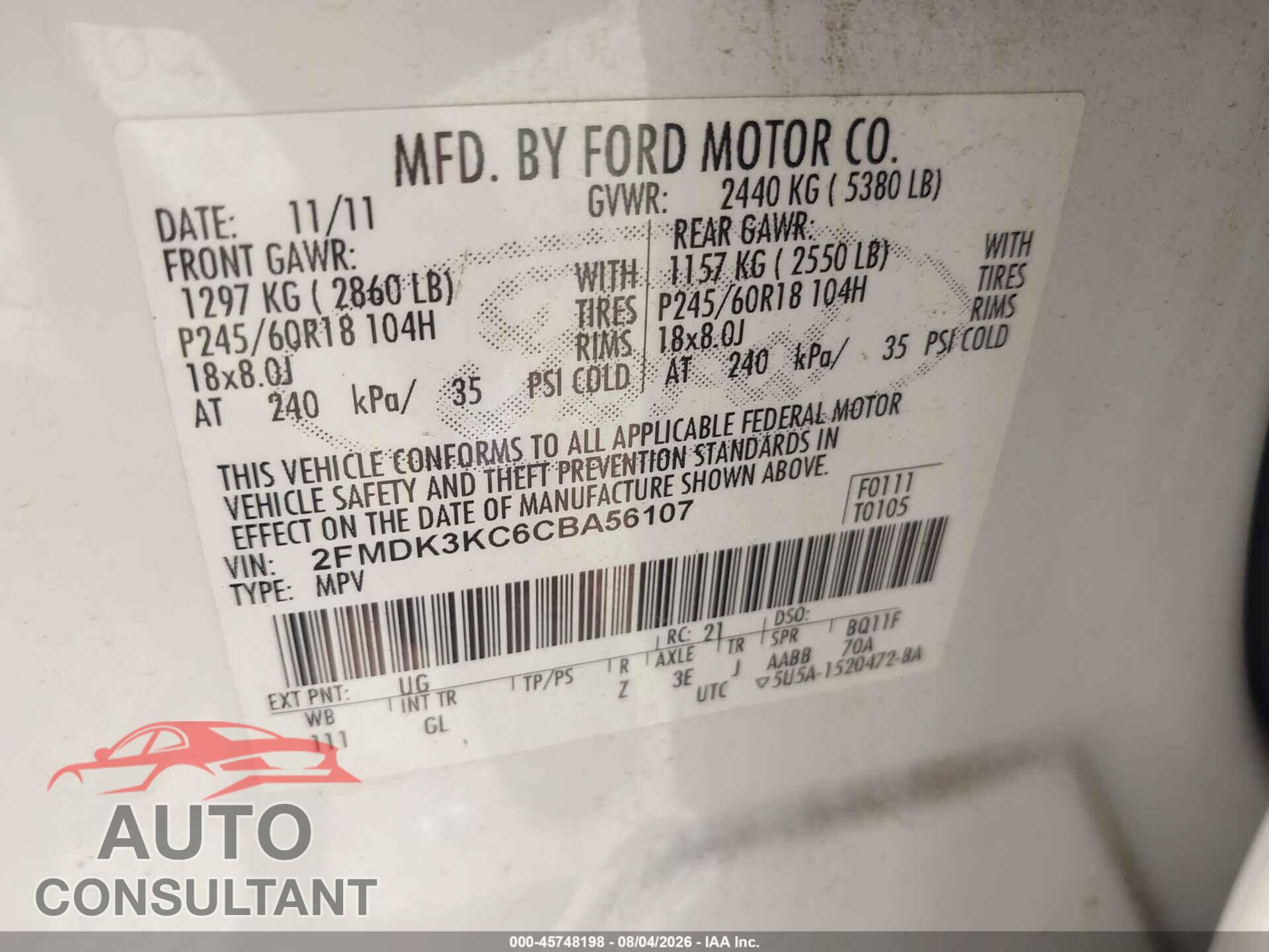 FORD EDGE 2012 - 2FMDK3KC6CBA56107