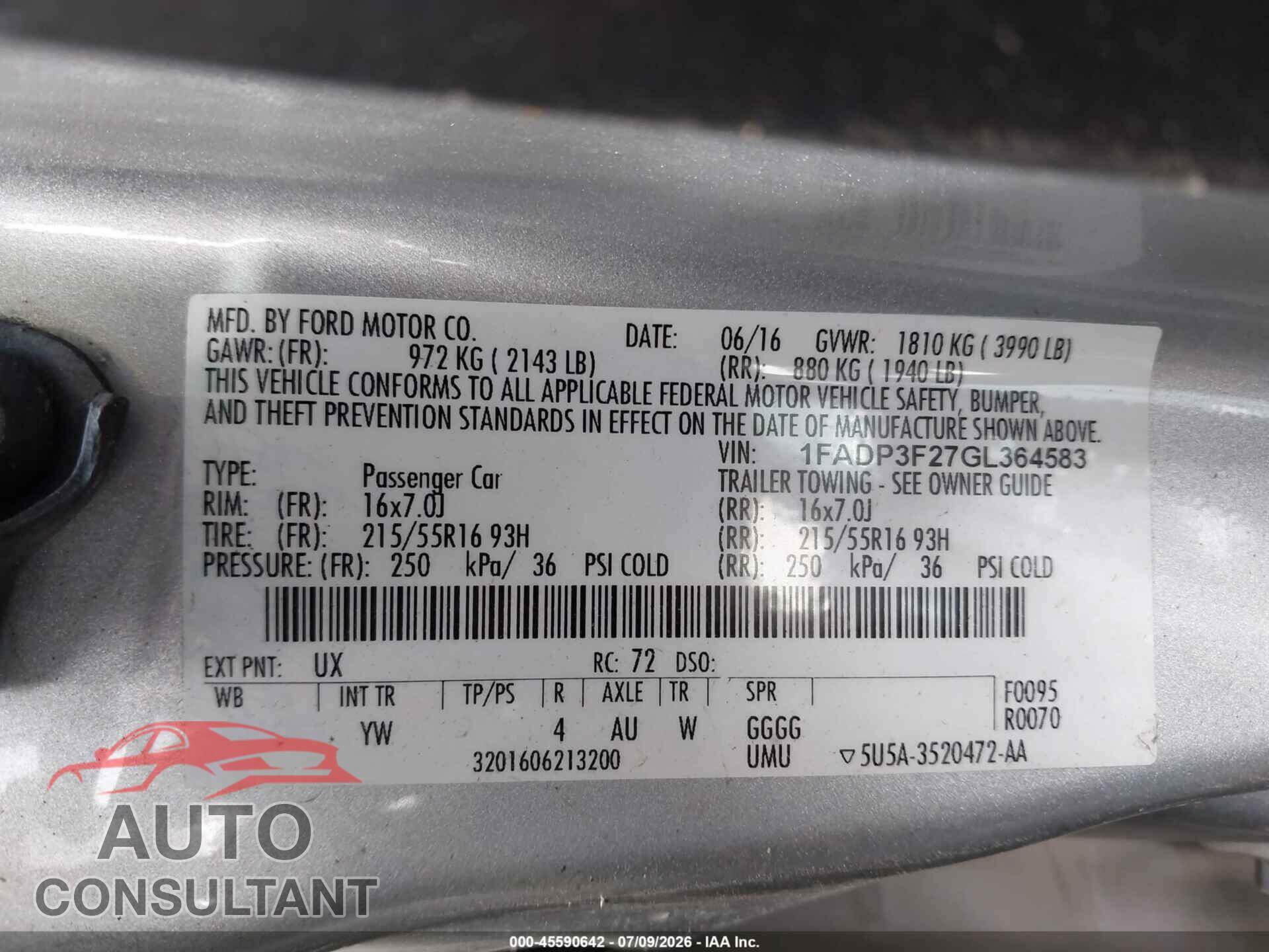 FORD FOCUS 2016 - 1FADP3F27GL364583
