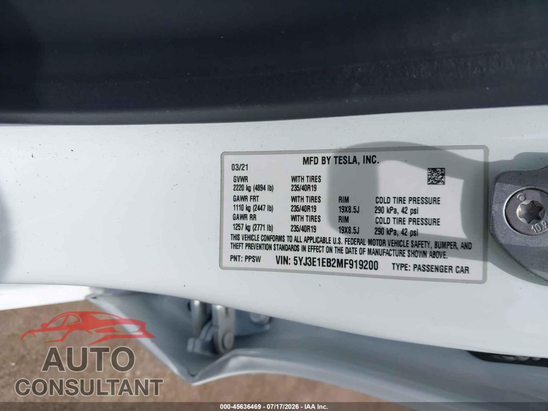 TESLA MODEL 3 2021 - 5YJ3E1EB2MF919200