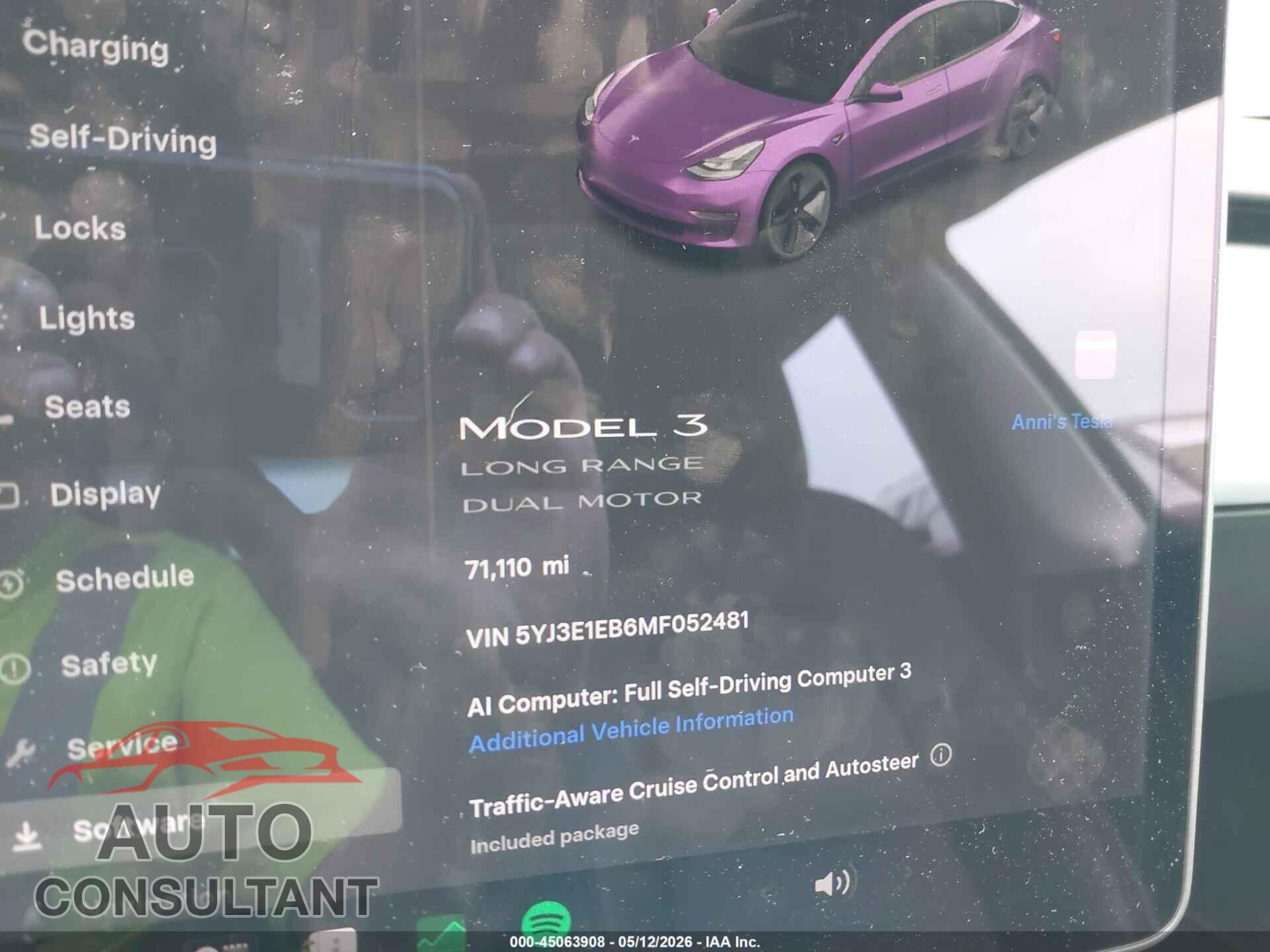 TESLA MODEL 3 2021 - 5YJ3E1EB6MF052481