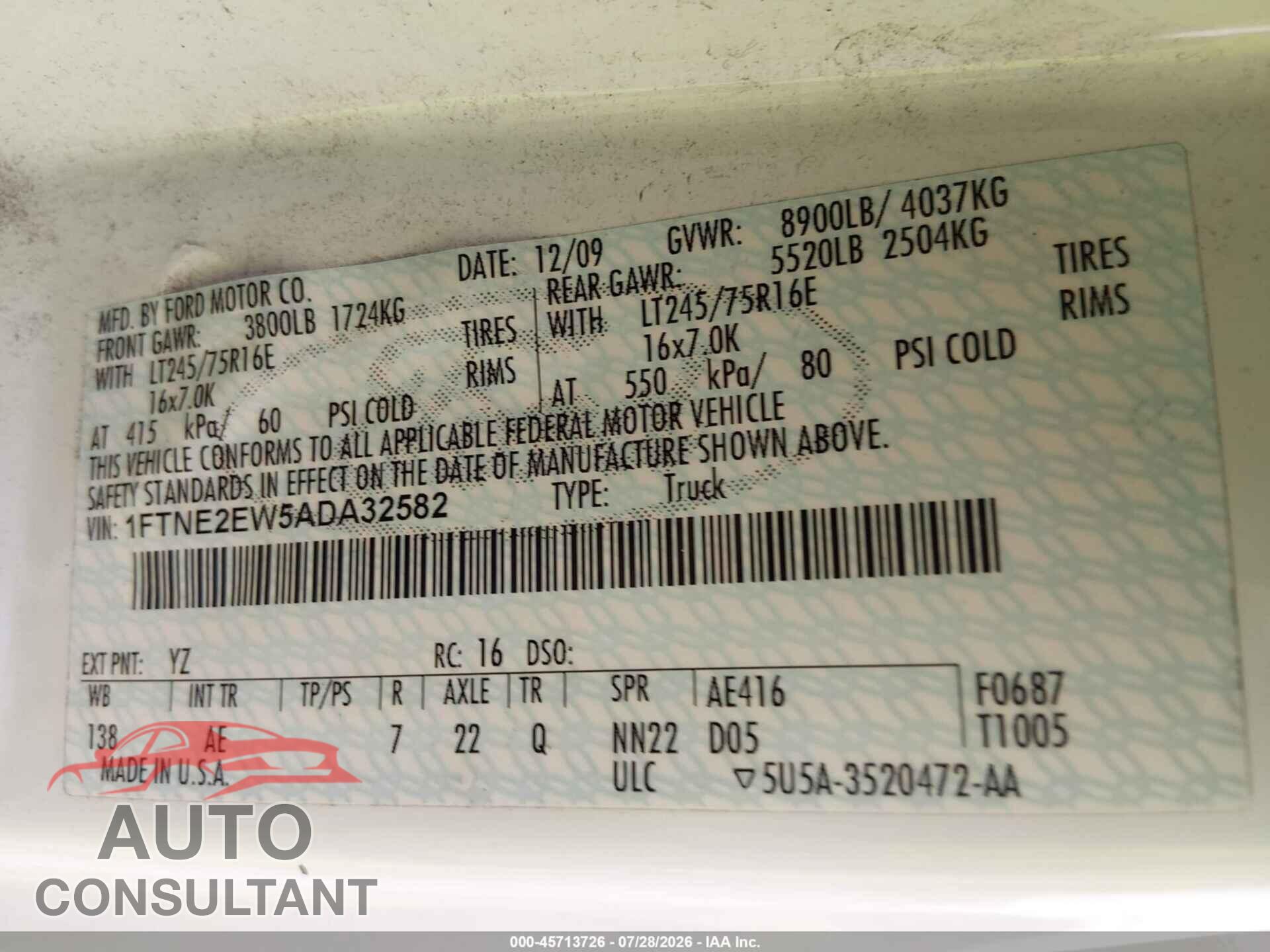 FORD E-250 2010 - 1FTNE2EW5ADA32582