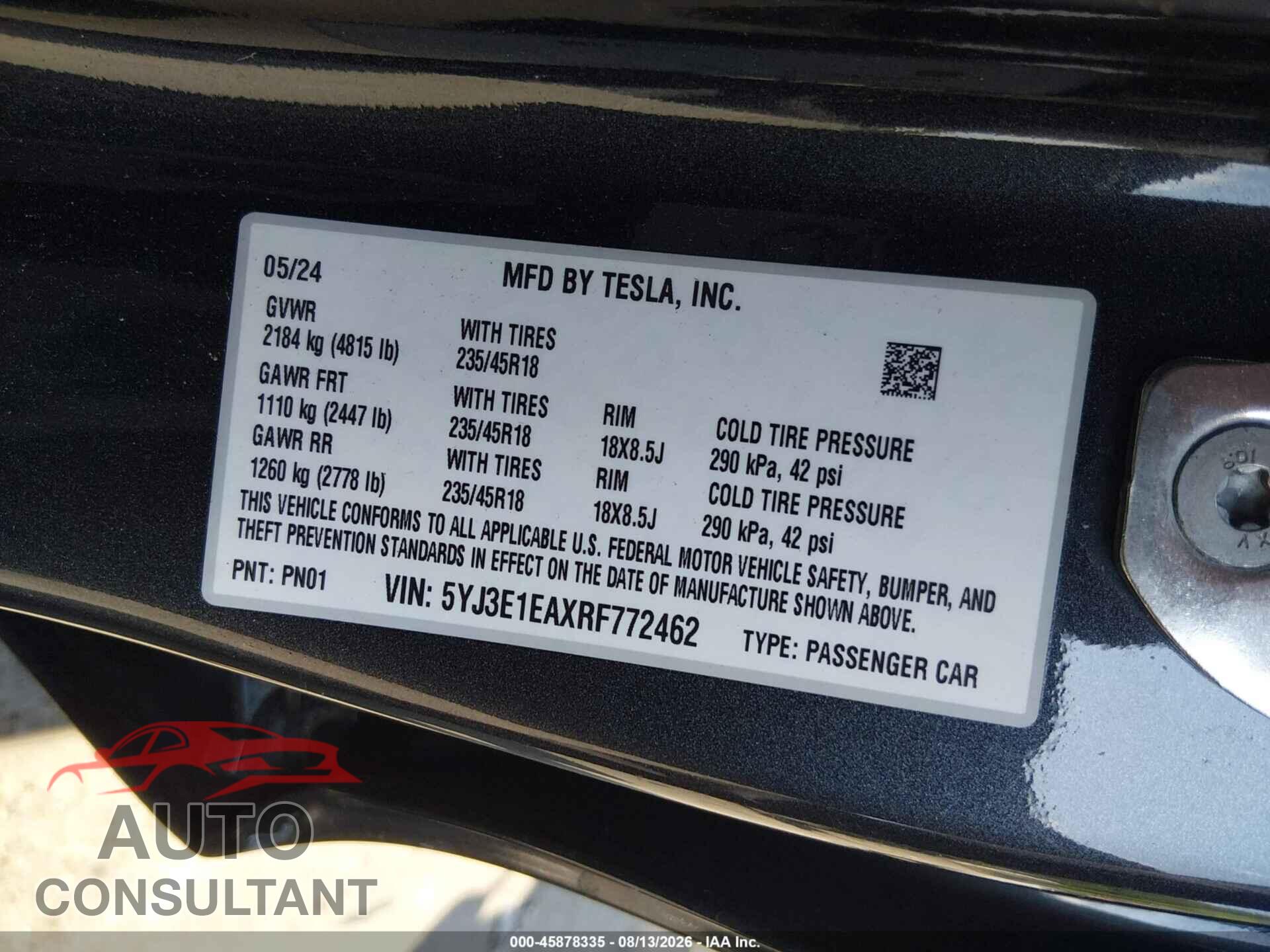 TESLA MODEL 3 2024 - 5YJ3E1EAXRF772462