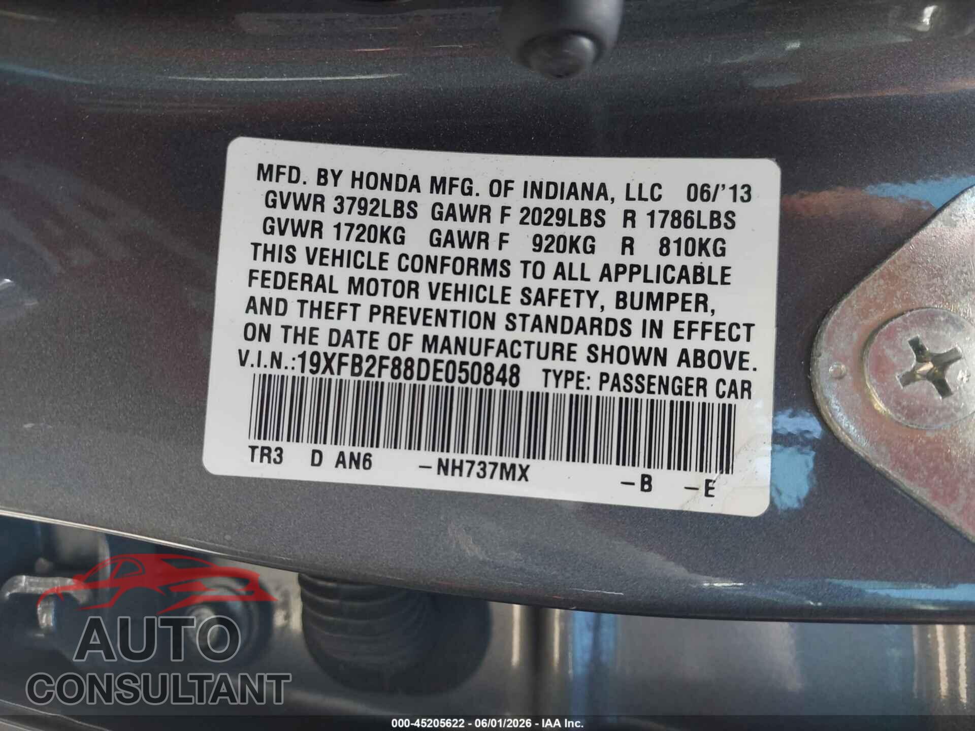 HONDA CIVIC 2013 - 19XFB2F88DE050848