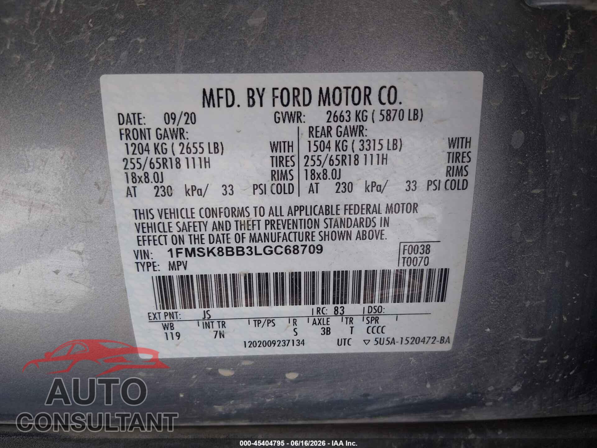 FORD EXPLORER 2020 - 1FMSK8BB3LGC68709