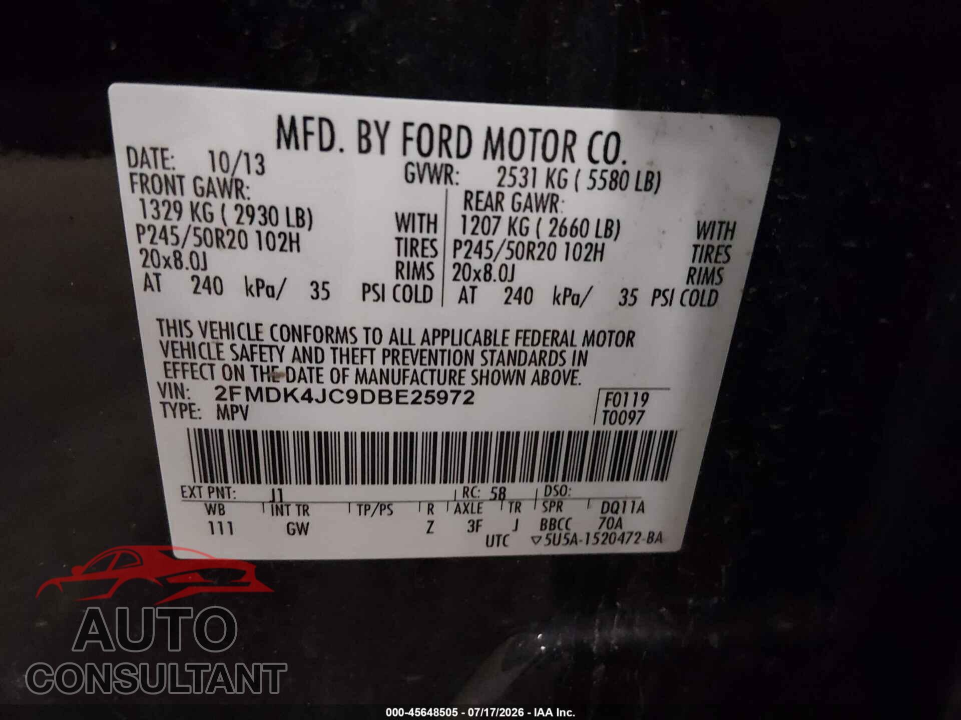 FORD EDGE 2013 - 2FMDK4JC9DBE25972