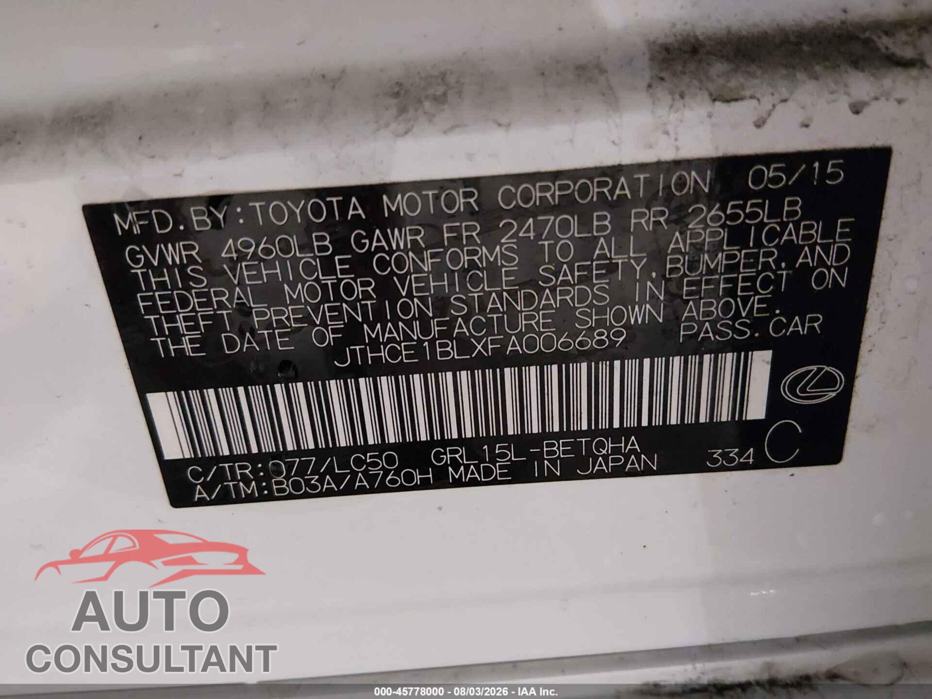 LEXUS GS 350 2015 - JTHCE1BLXFA006689