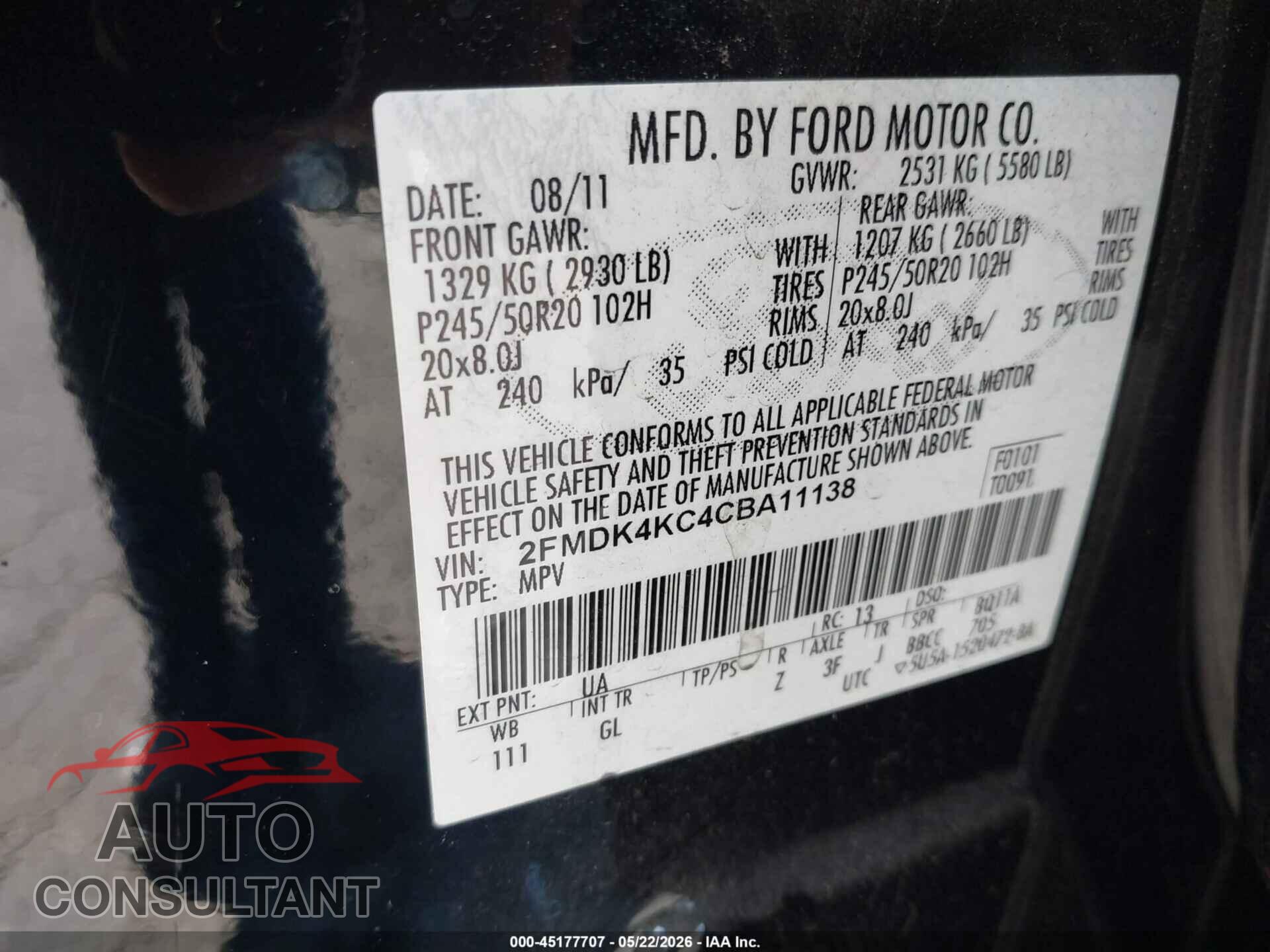 FORD EDGE 2012 - 2FMDK4KC4CBA11138