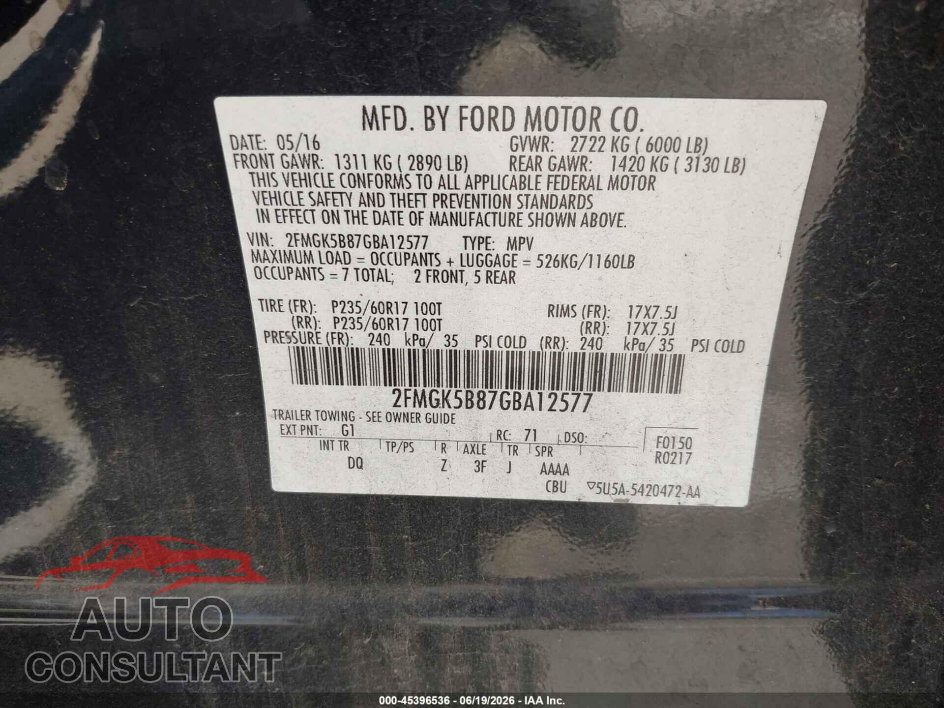 FORD FLEX 2016 - 2FMGK5B87GBA12577