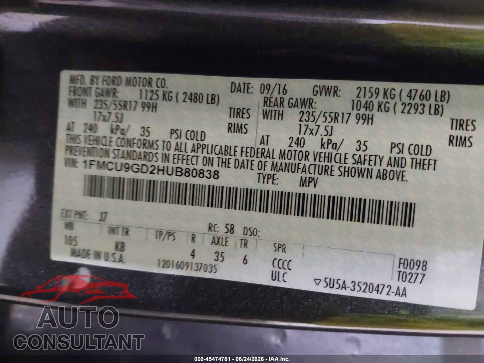 FORD ESCAPE 2017 - 1FMCU9GD2HUB80838