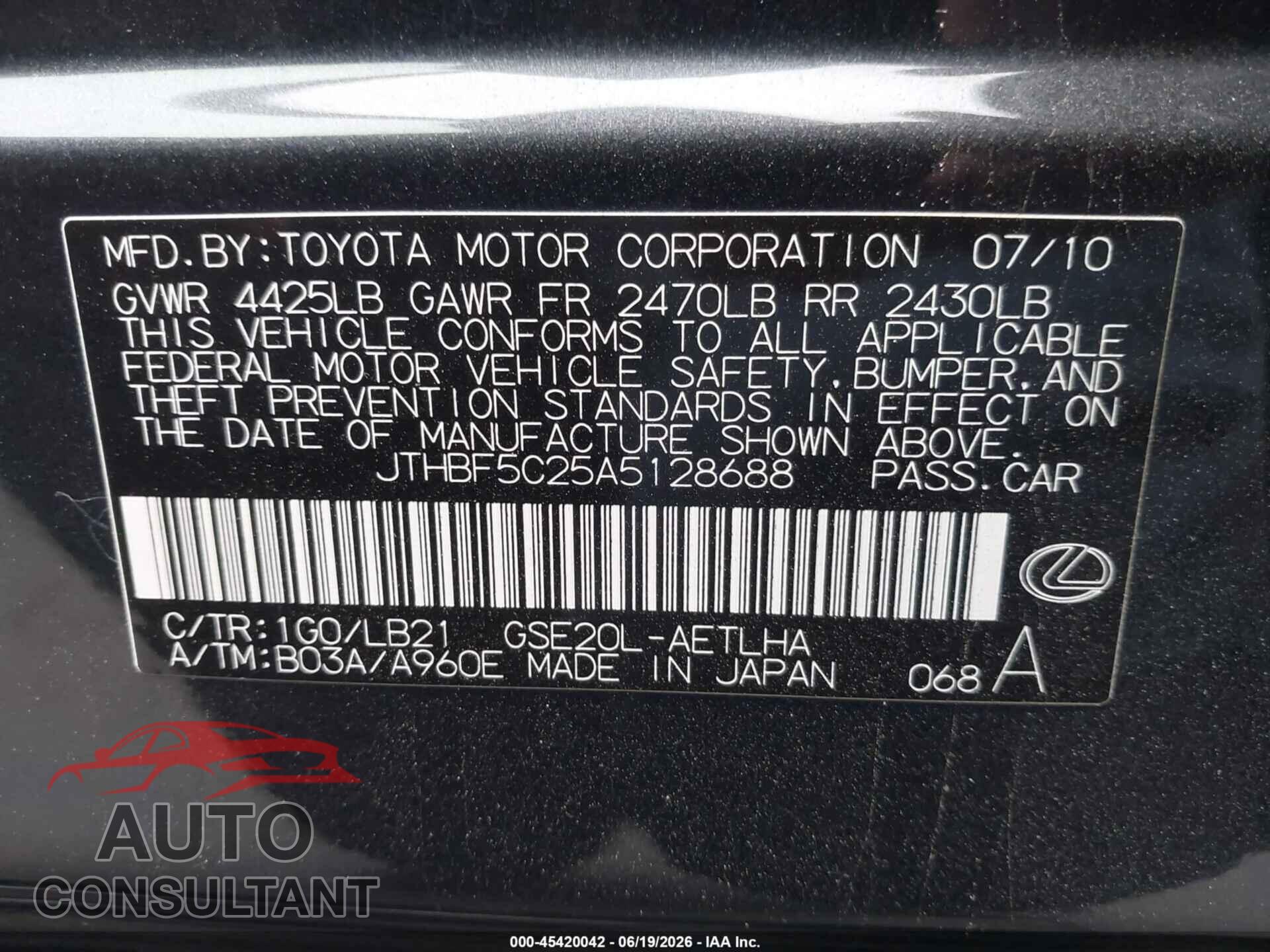 LEXUS IS 250 2010 - JTHBF5C25A5128688
