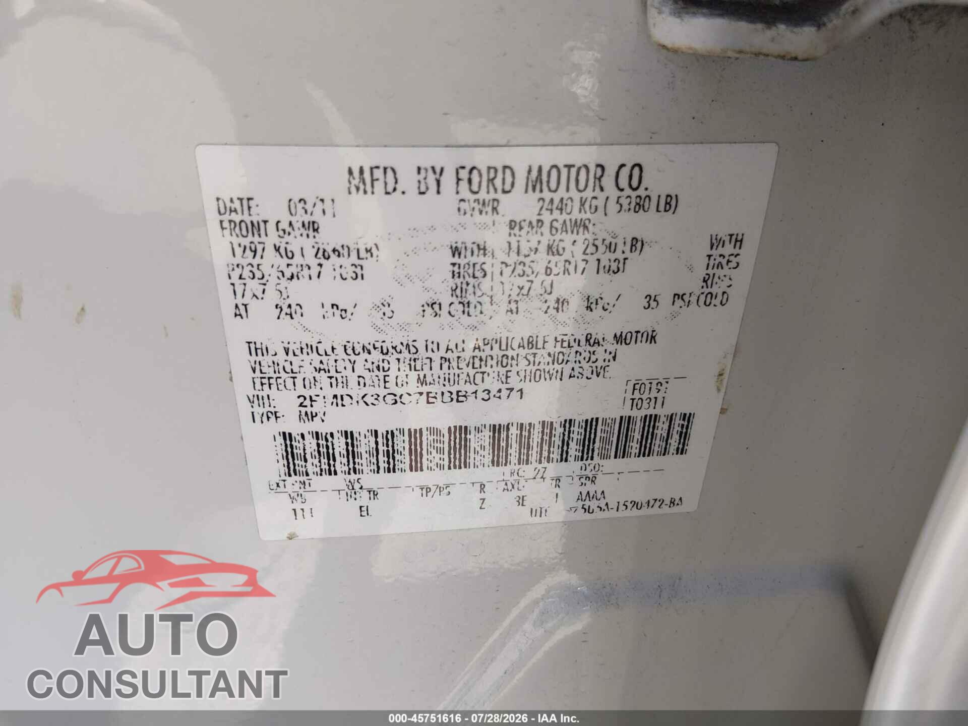 FORD EDGE 2011 - 2FMDK3GC7BBB13471