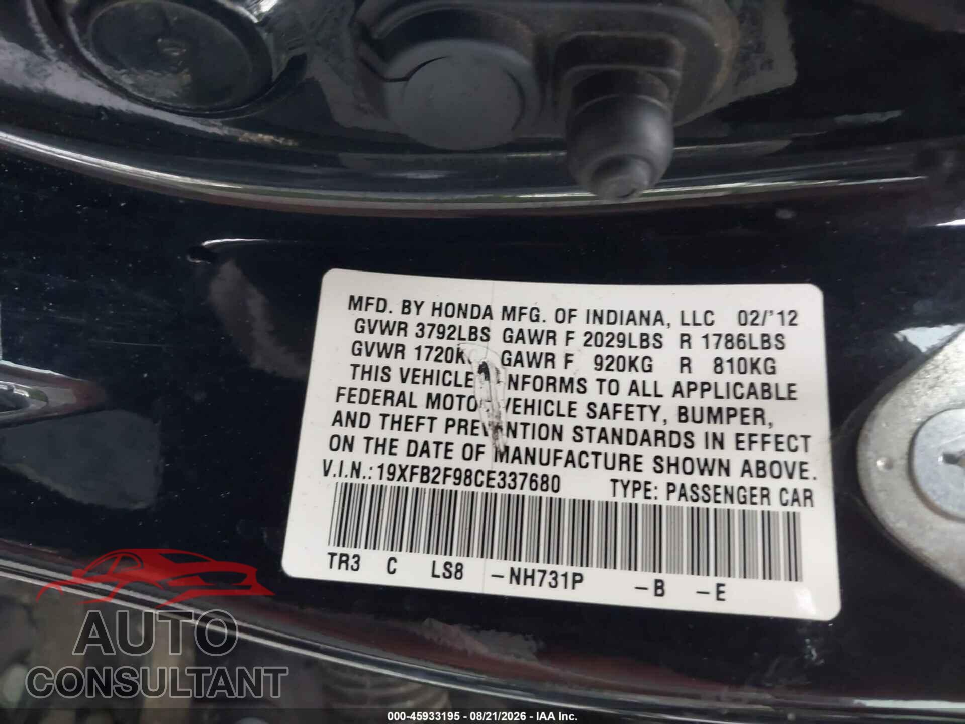 HONDA CIVIC 2012 - 19XFB2F98CE337680