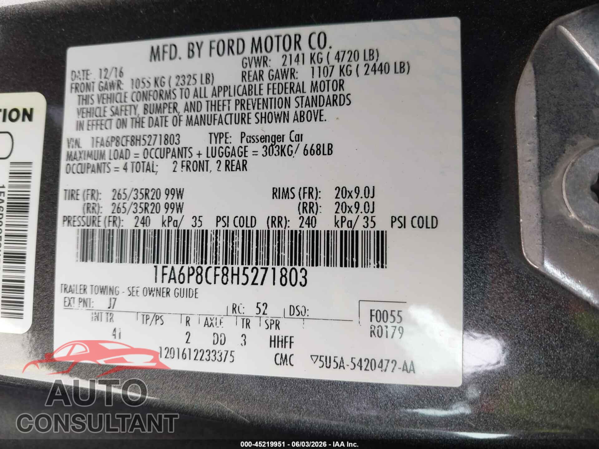 FORD MUSTANG 2017 - 1FA6P8CF8H5271803
