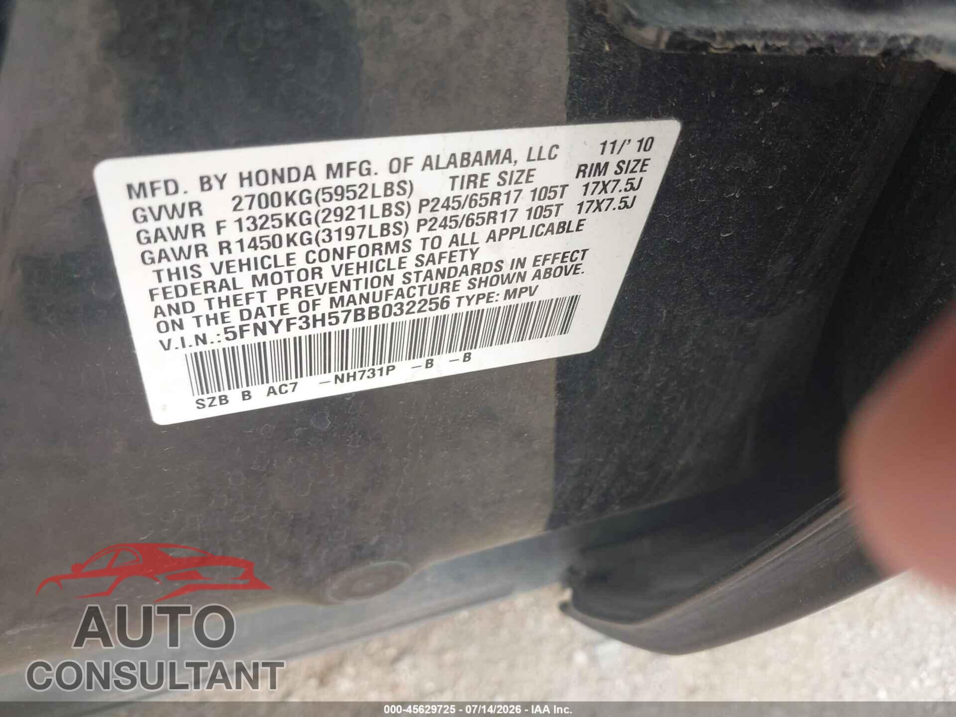HONDA PILOT 2011 - 5FNYF3H57BB032256
