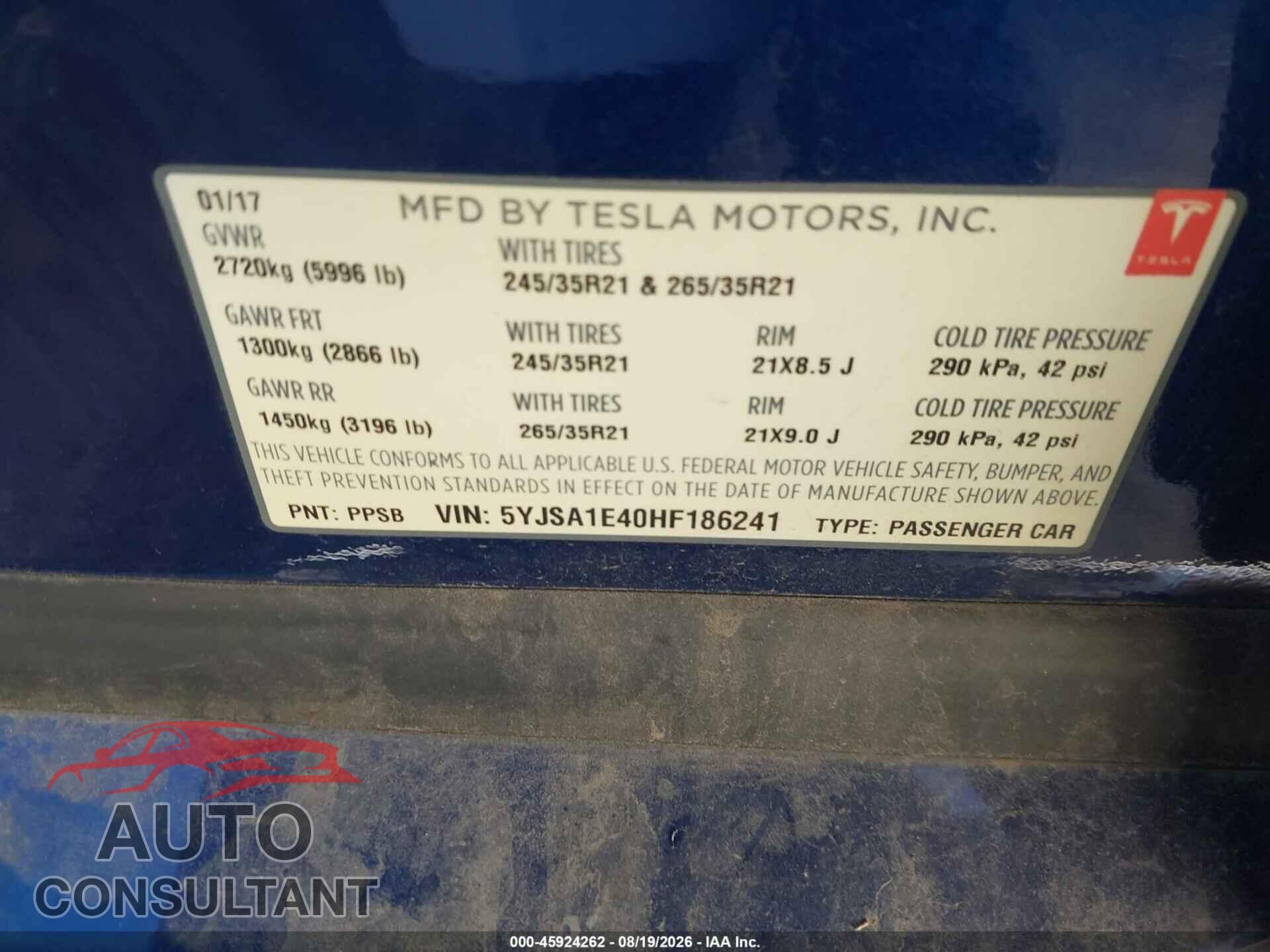 TESLA MODEL S 2017 - 5YJSA1E40HF186241