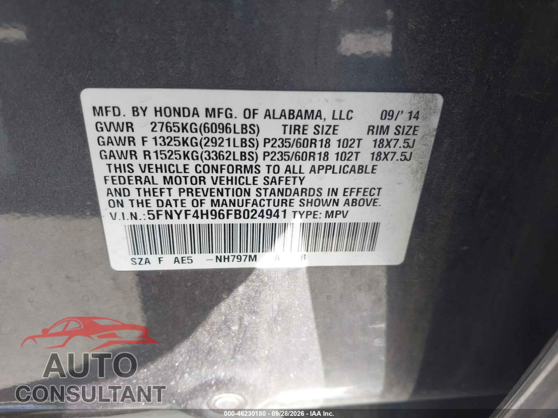 HONDA PILOT 2015 - 5FNYF4H96FB024941