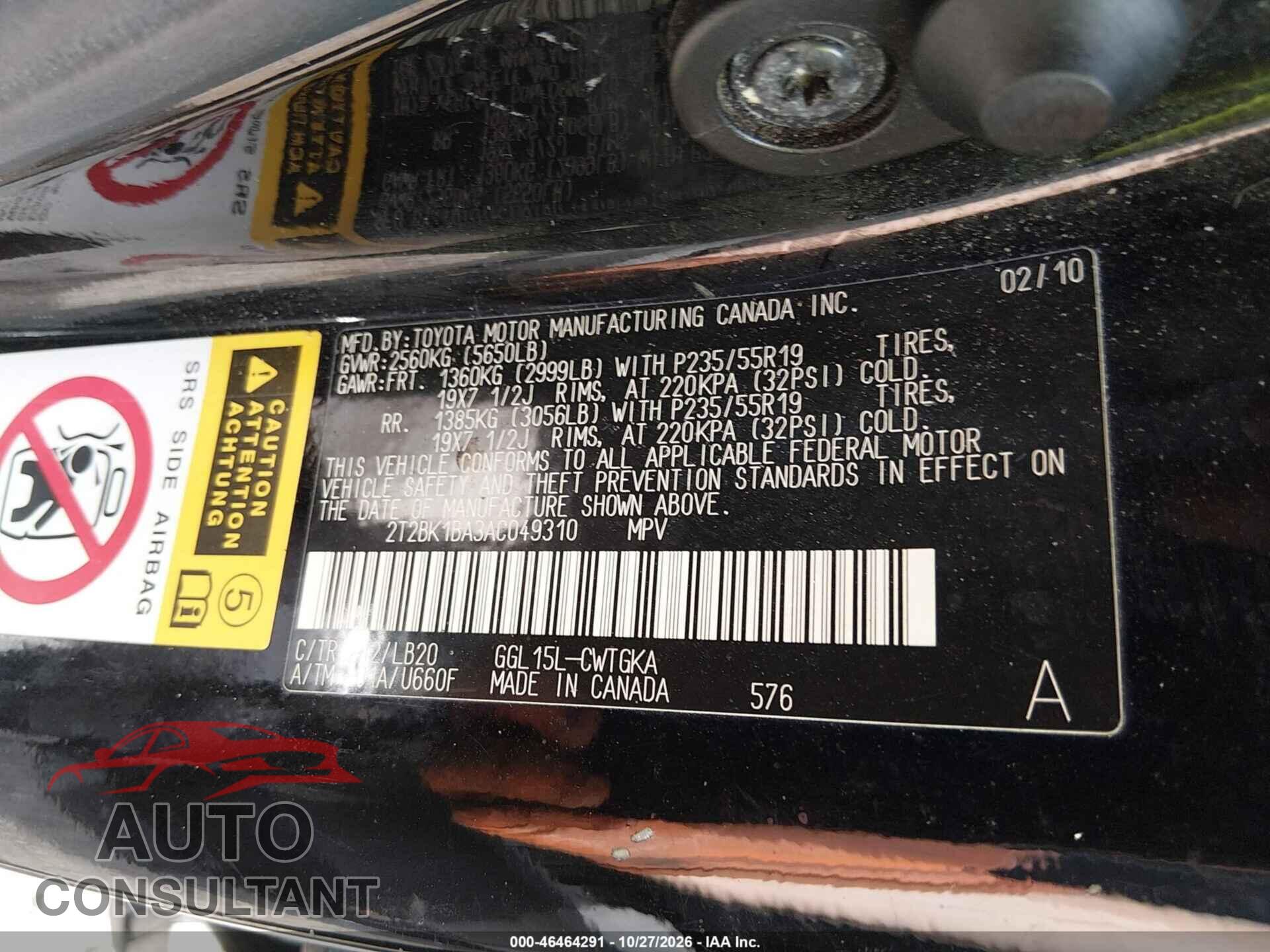LEXUS RX 350 2010 - 2T2BK1BA3AC049310