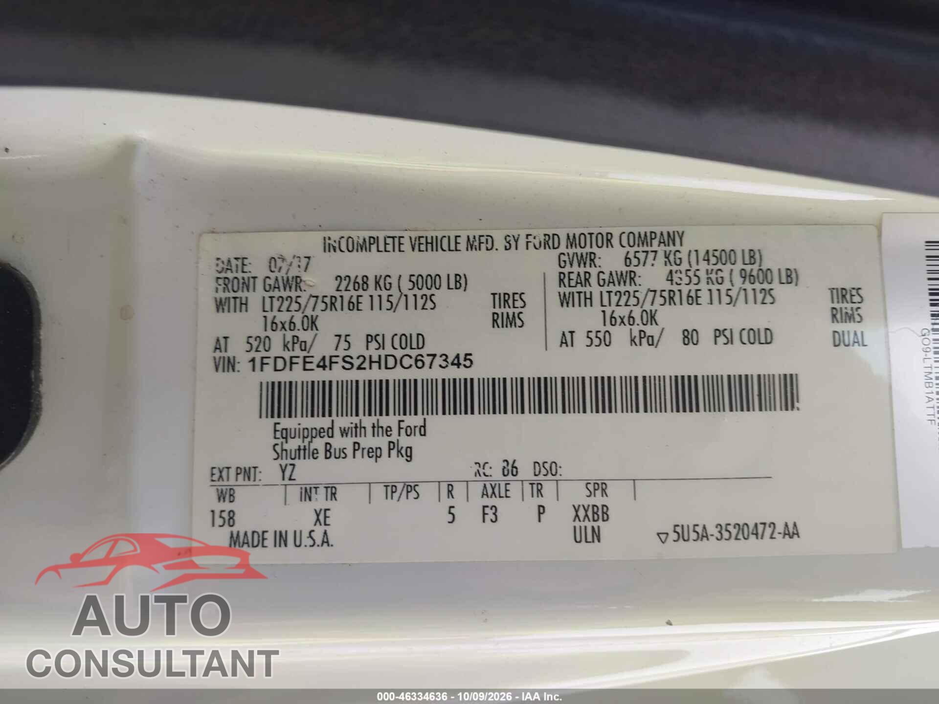 FORD E-450 CUTAWAY 2017 - 1FDFE4FS2HDC67345