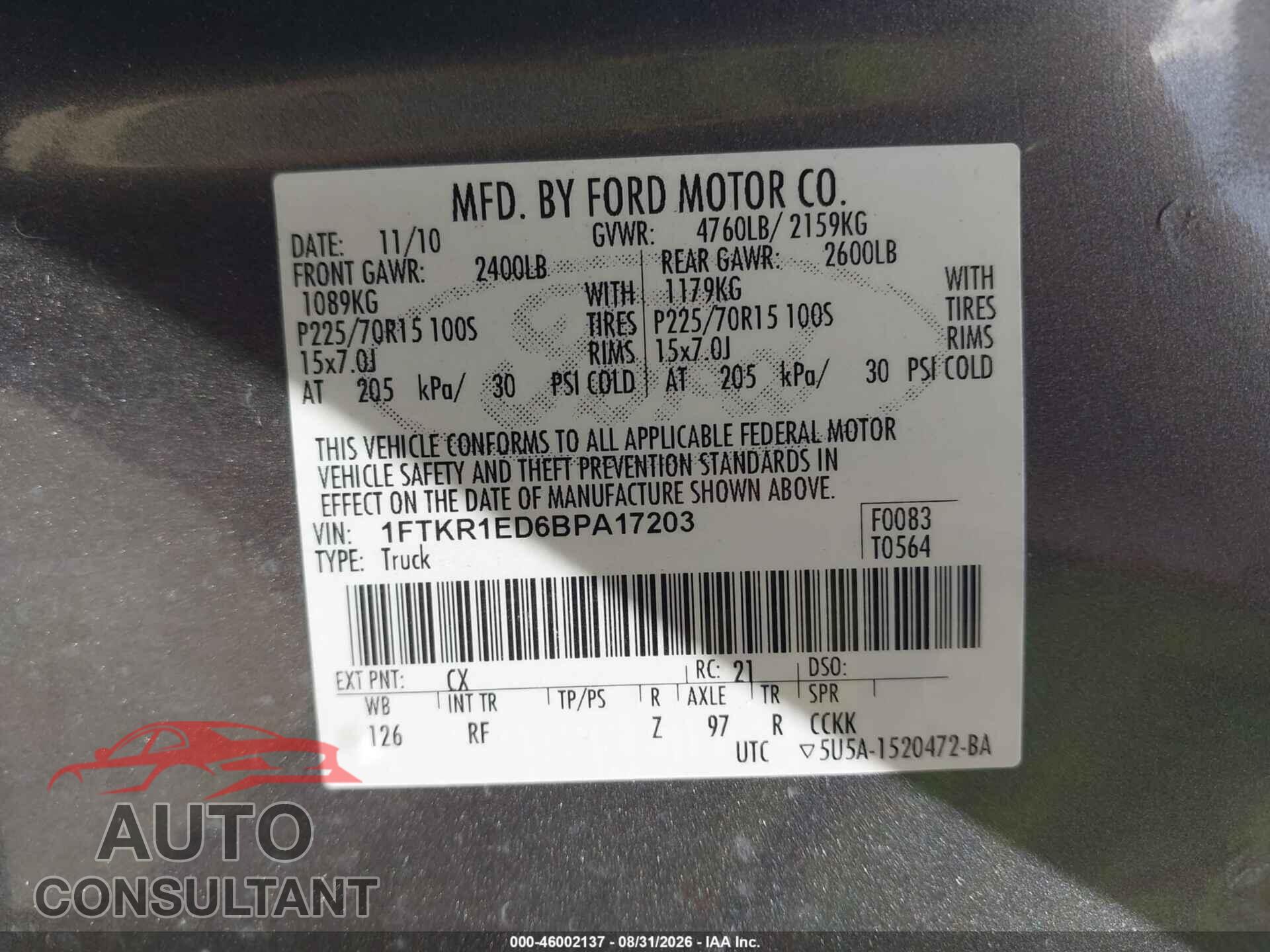 FORD RANGER 2011 - 1FTKR1ED6BPA17203