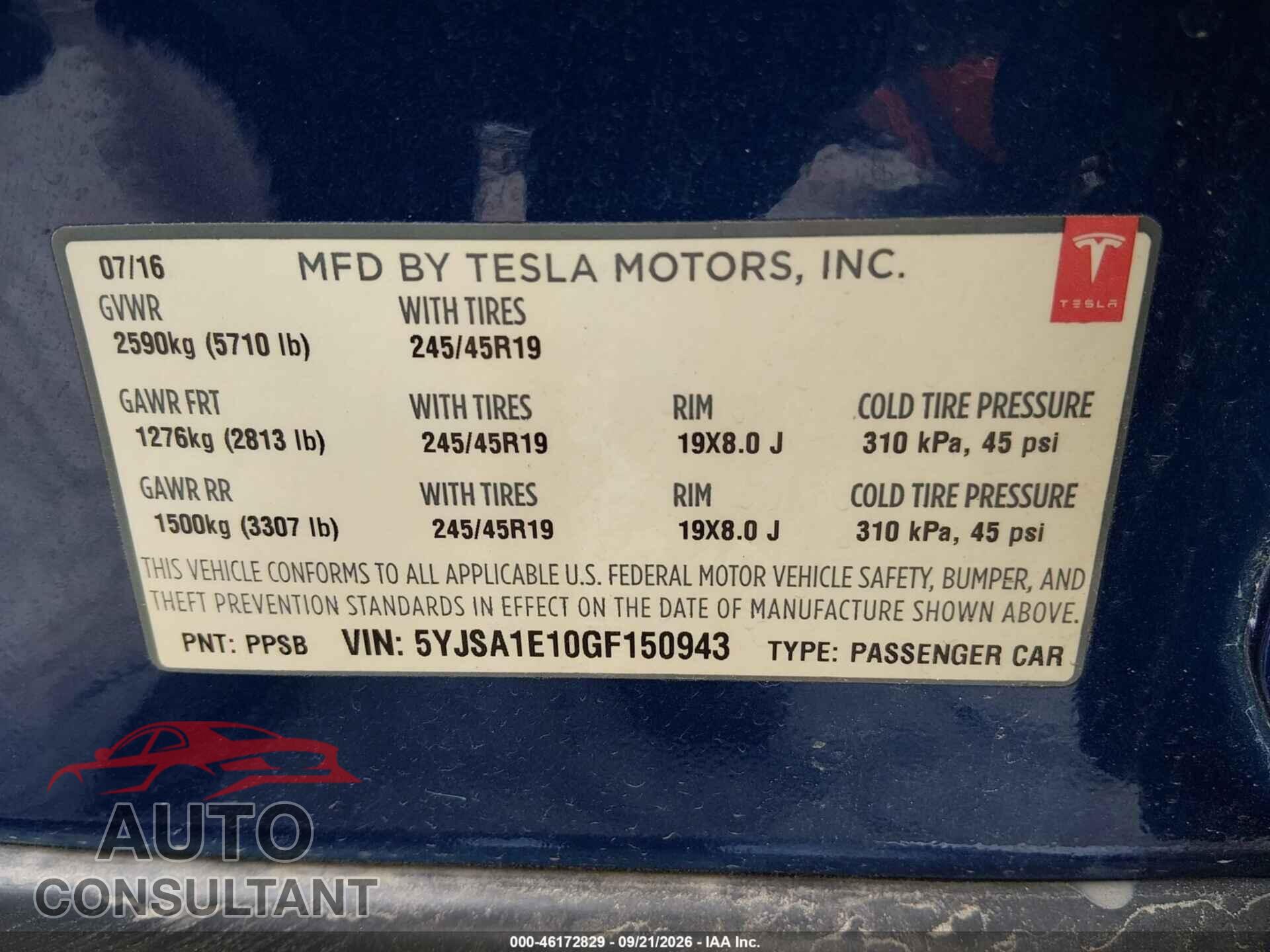 TESLA MODEL S 2016 - 5YJSA1E10GF150943