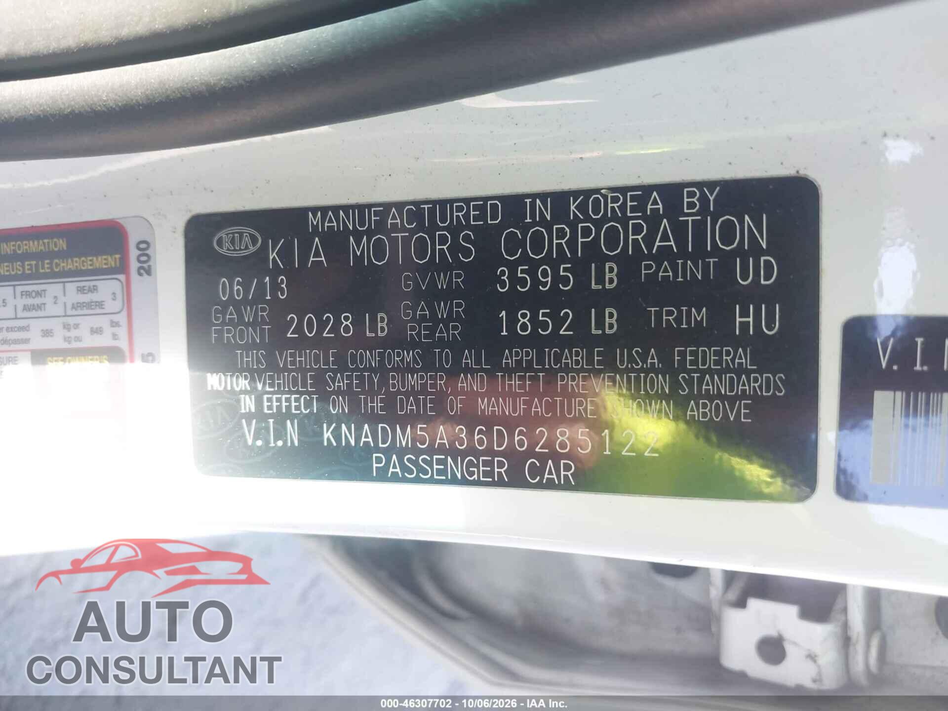 KIA RIO 2013 - KNADM5A36D6285122
