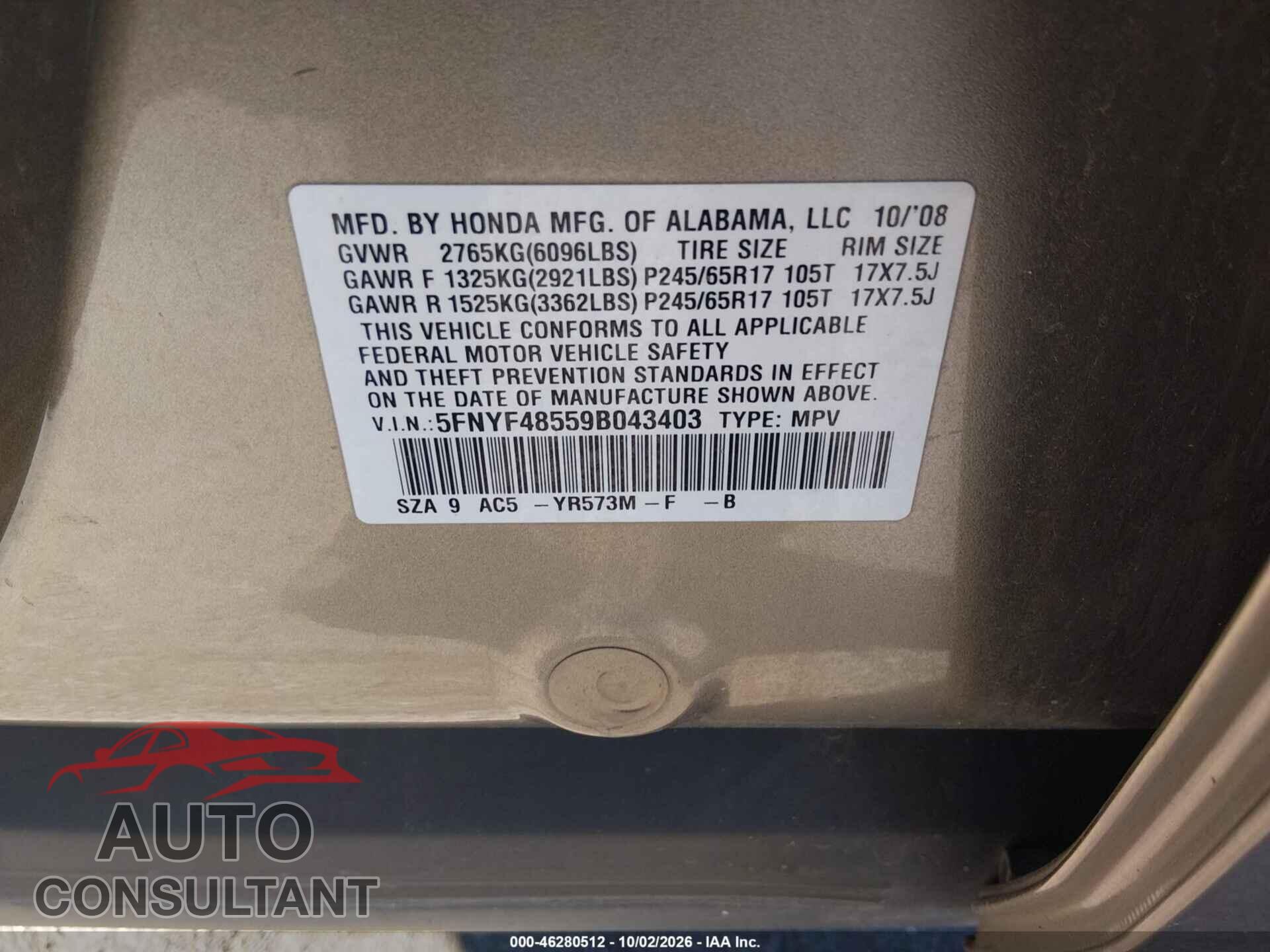 HONDA PILOT 2009 - 5FNYF48559B043403