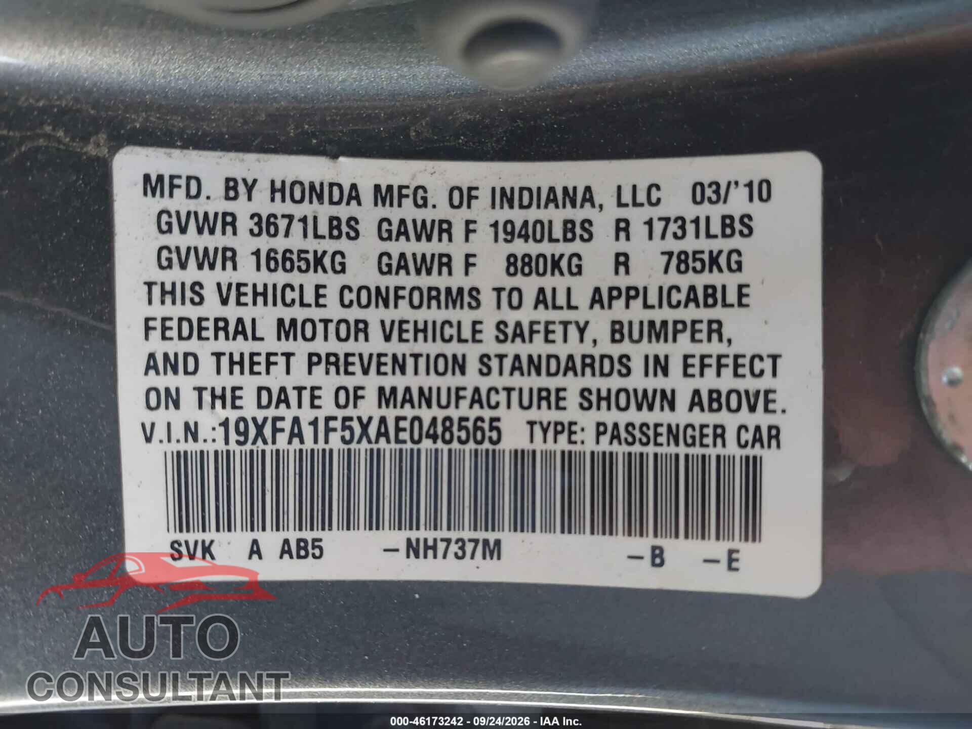 HONDA CIVIC 2010 - 19XFA1F5XAE048565