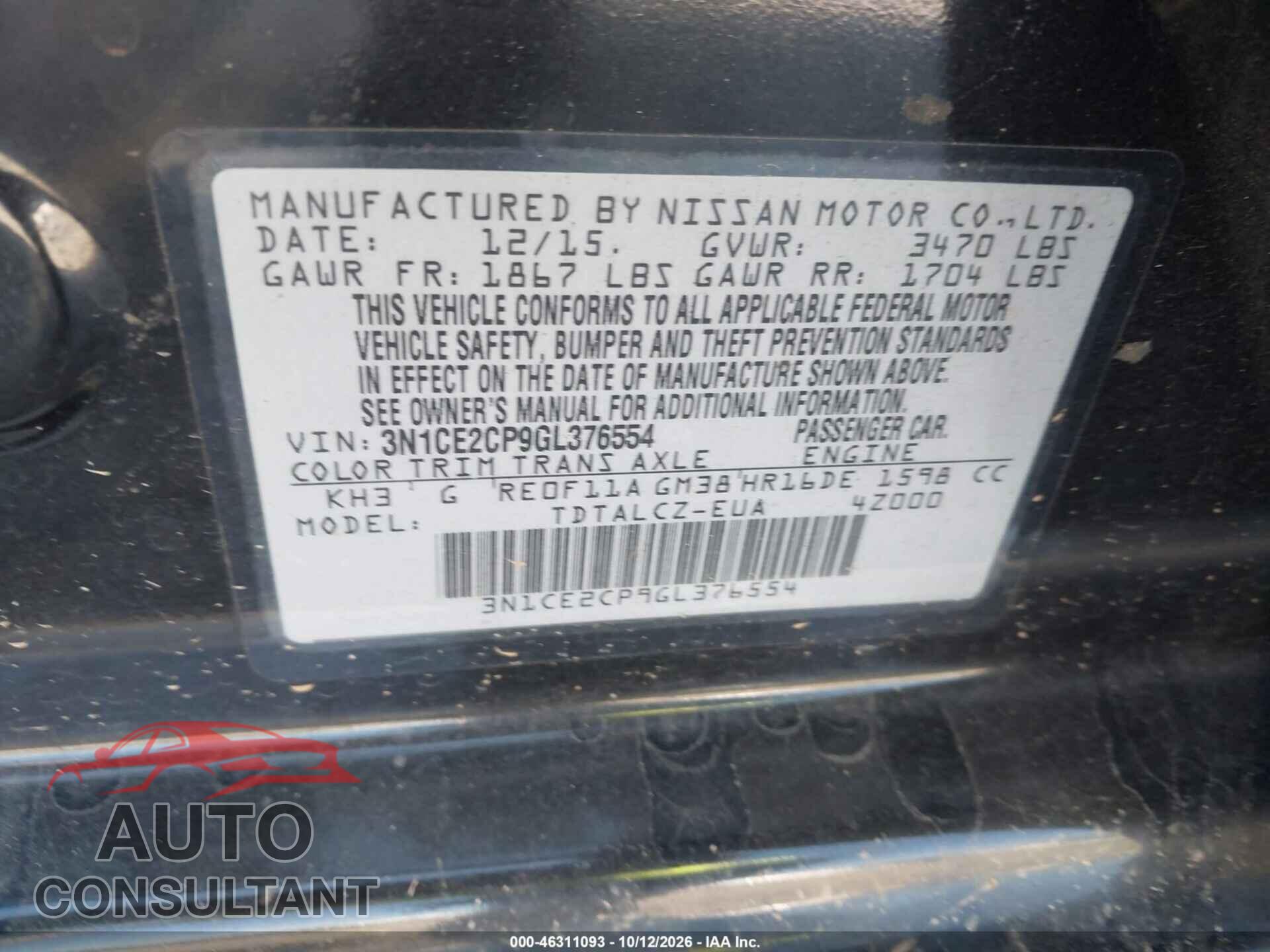 NISSAN VERSA NOTE 2016 - 3N1CE2CP9GL376554