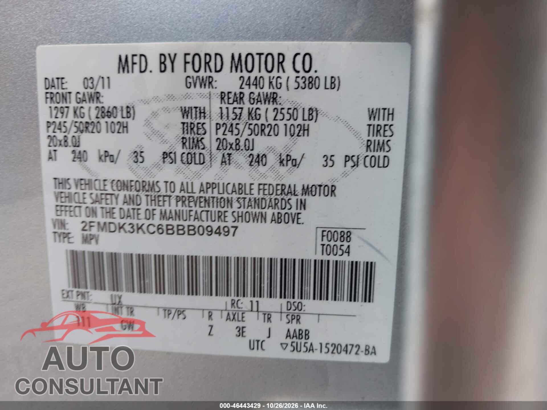 FORD EDGE 2011 - 2FMDK3KC6BBB09497