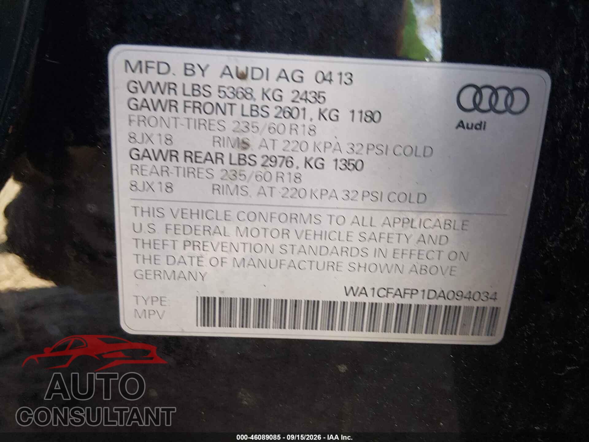 AUDI Q5 2013 - WA1CFAFP1DA094034