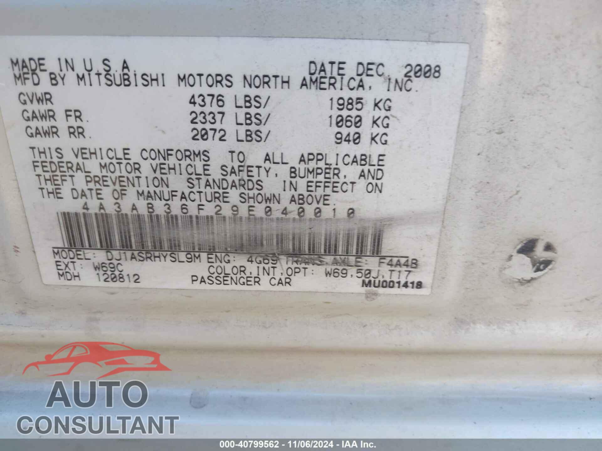 MITSUBISHI GALANT 2009 - 4A3AB36F29E040010