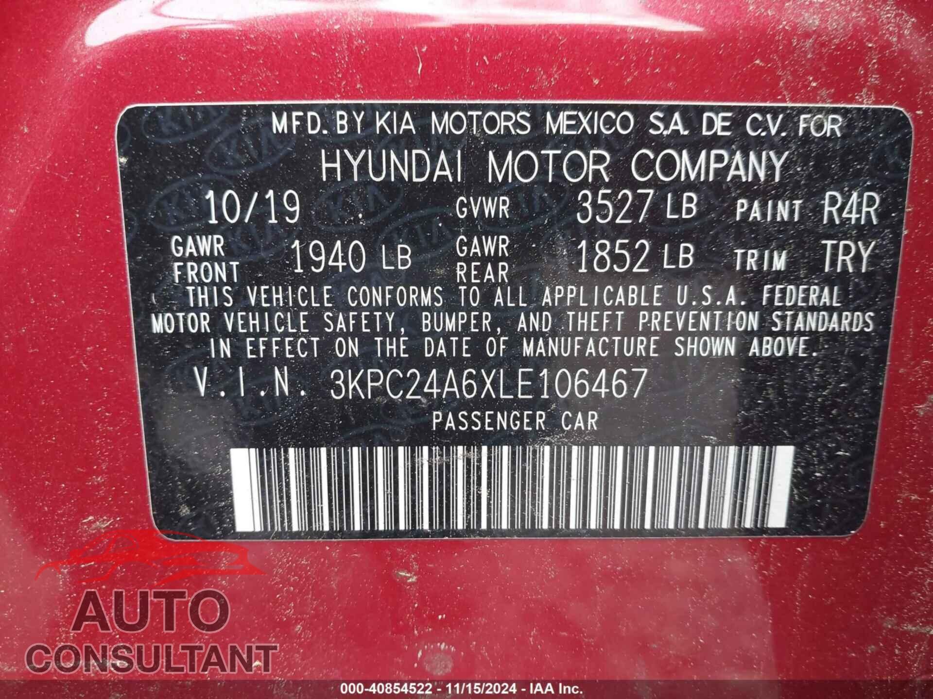 HYUNDAI ACCENT 2020 - 3KPC24A6XLE106467