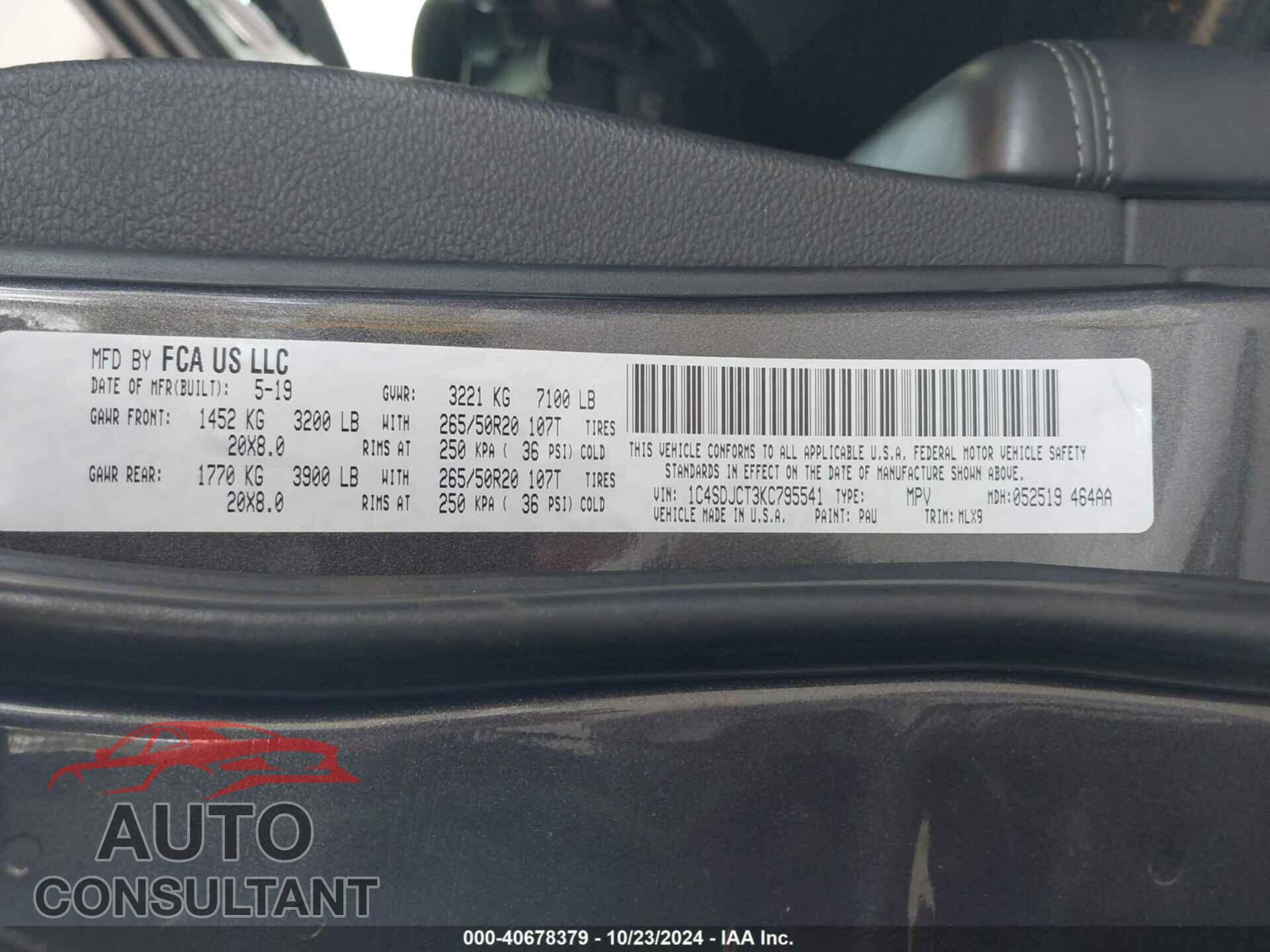 DODGE DURANGO 2019 - 1C4SDJCT3KC795541