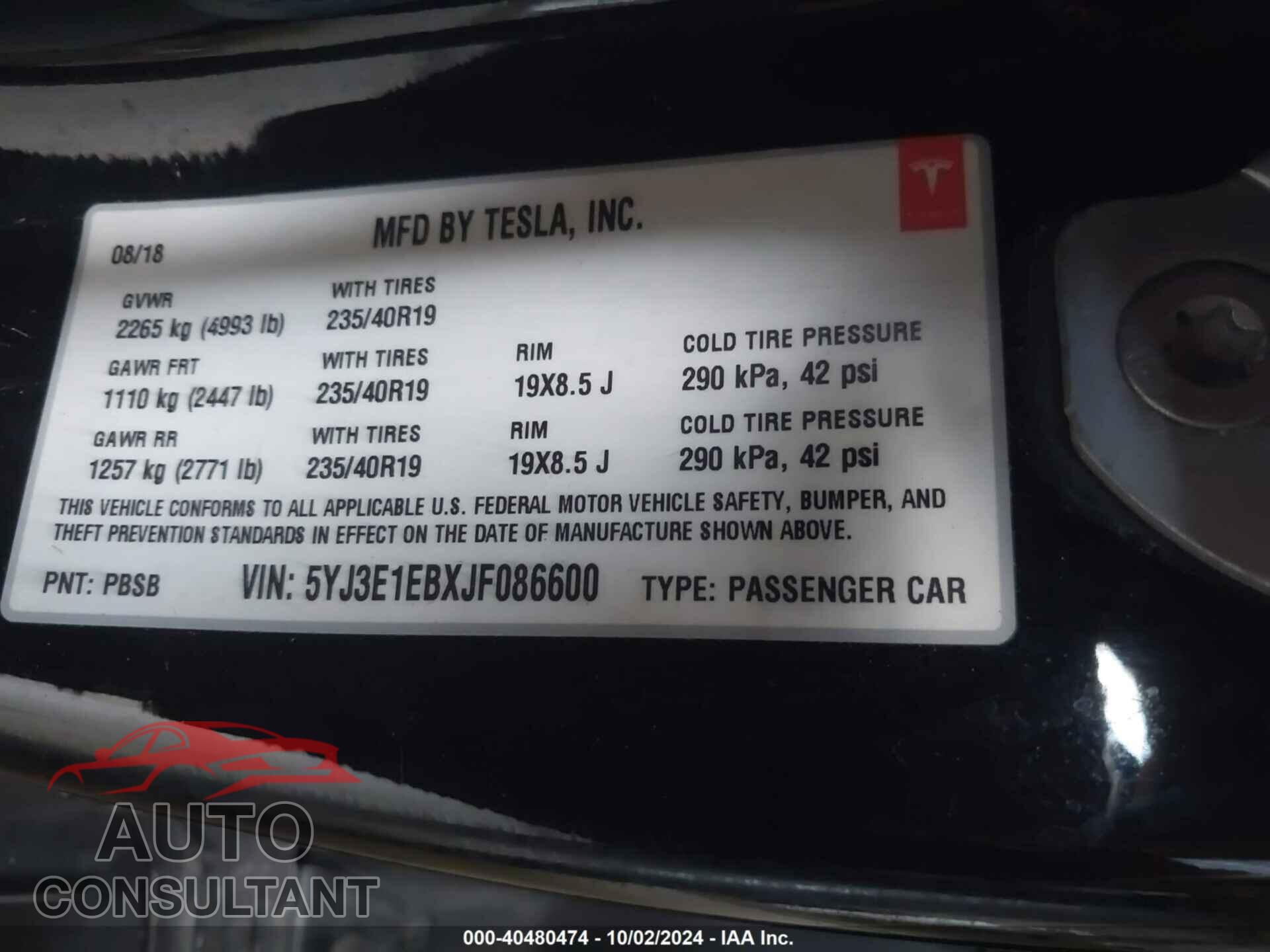 TESLA MODEL 3 2018 - 5YJ3E1EBXJF086600