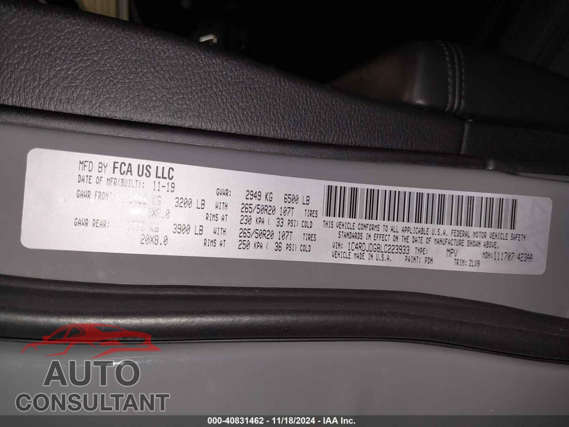 DODGE DURANGO 2020 - 1C4RDJDG8LC223933