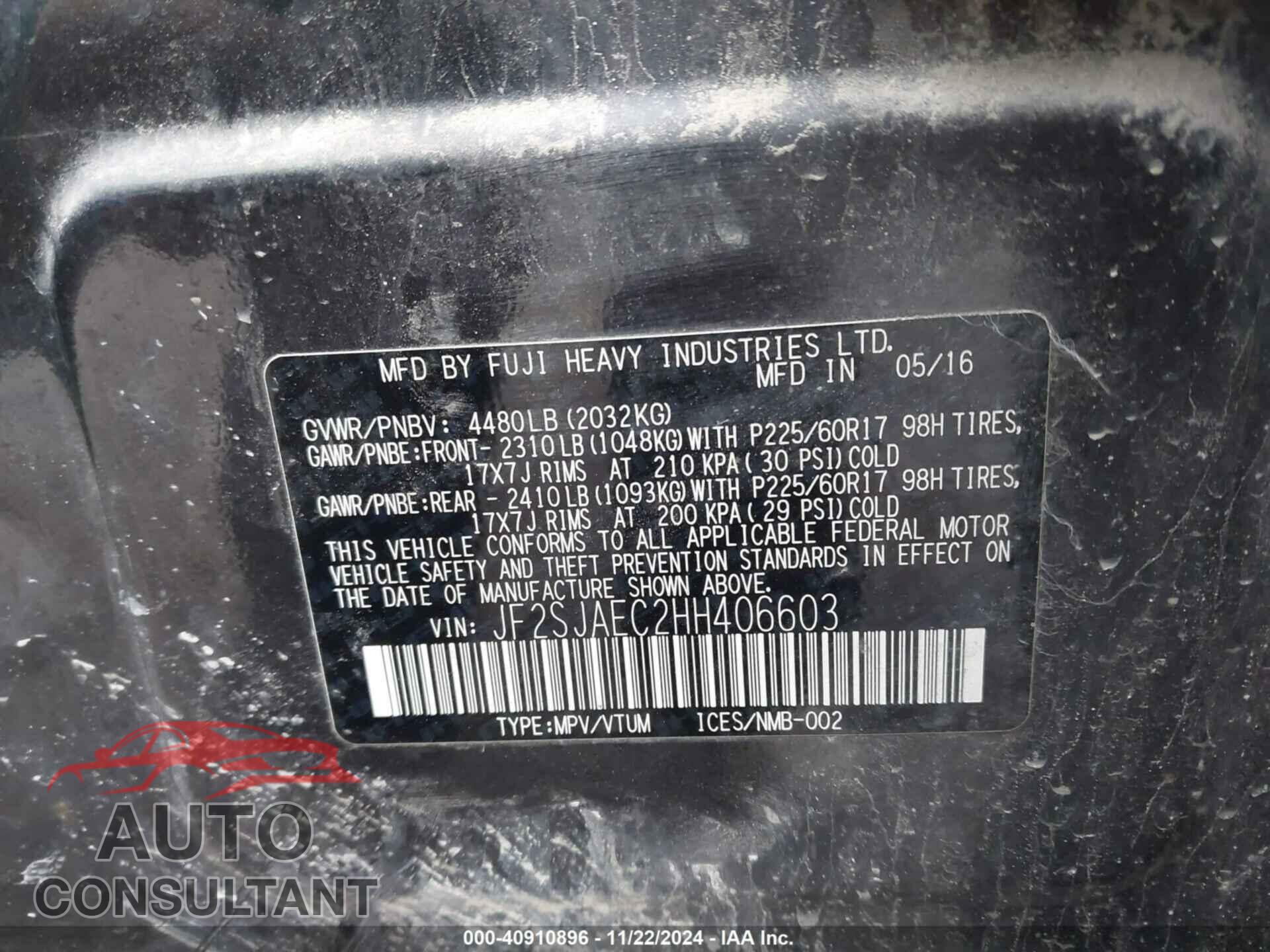 SUBARU FORESTER 2017 - JF2SJAEC2HH406603