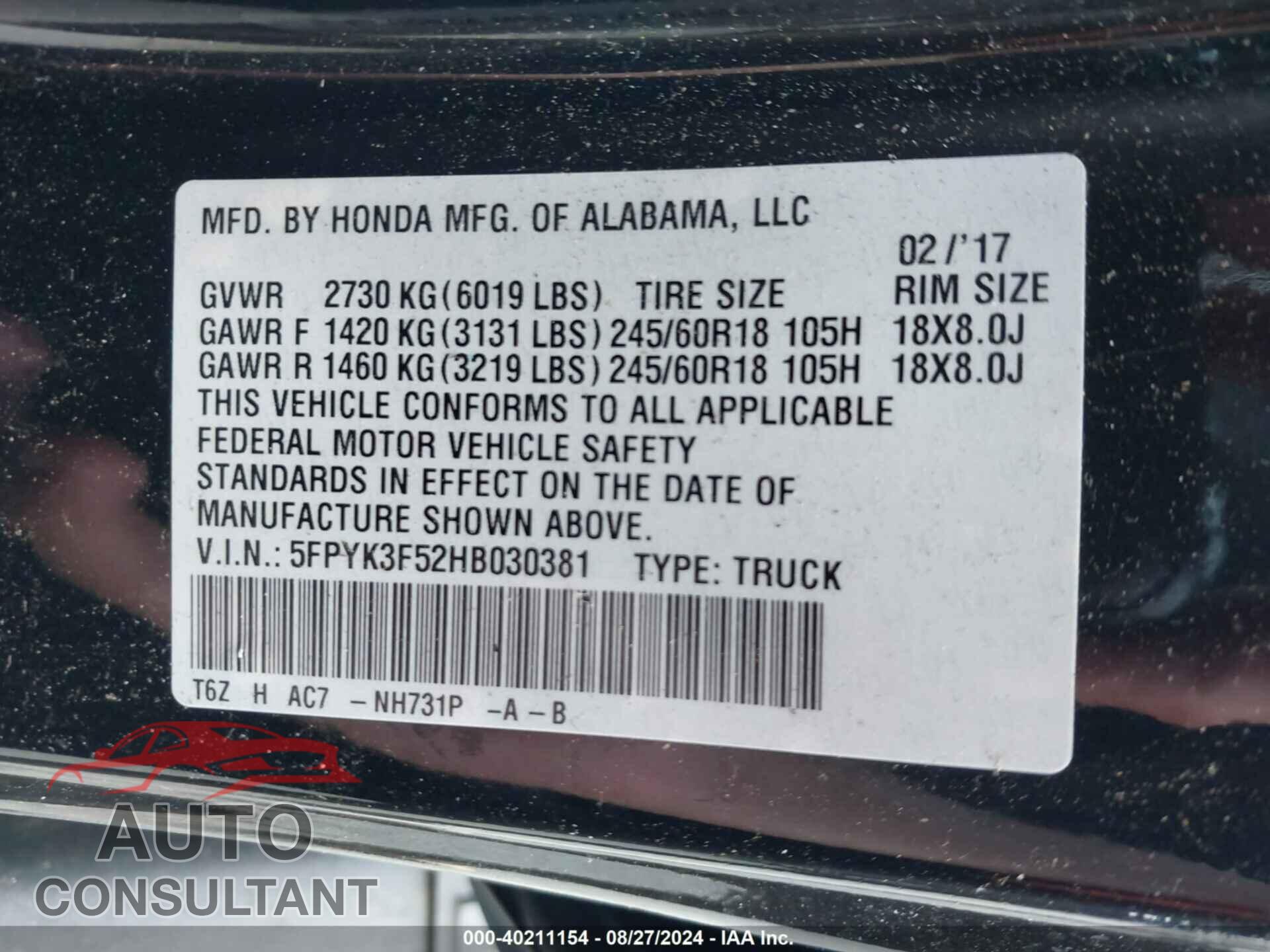 HONDA RIDGELINE 2017 - 5FPYK3F52HB030381