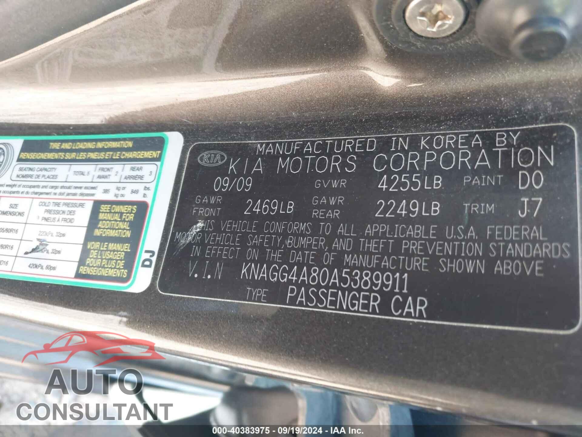 KIA OPTIMA 2010 - KNAGG4A80A5389911