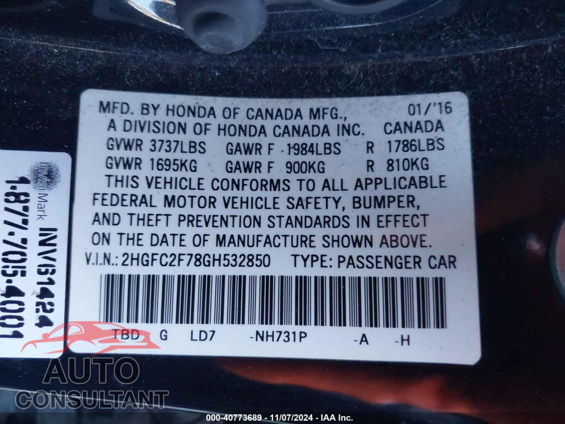 HONDA CIVIC 2016 - 2HGFC2F78GH532850