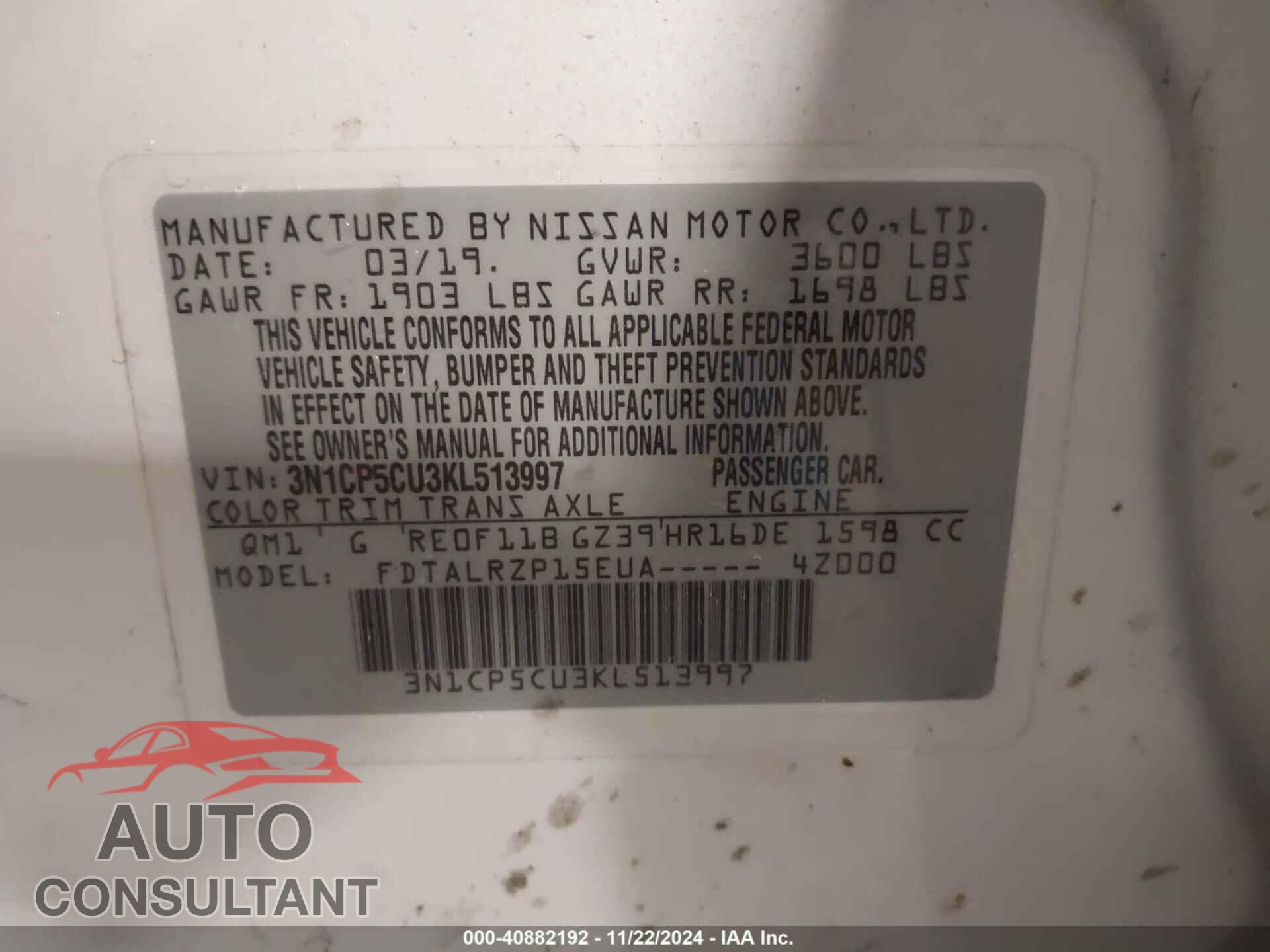 NISSAN KICKS 2019 - 3N1CP5CU3KL513997