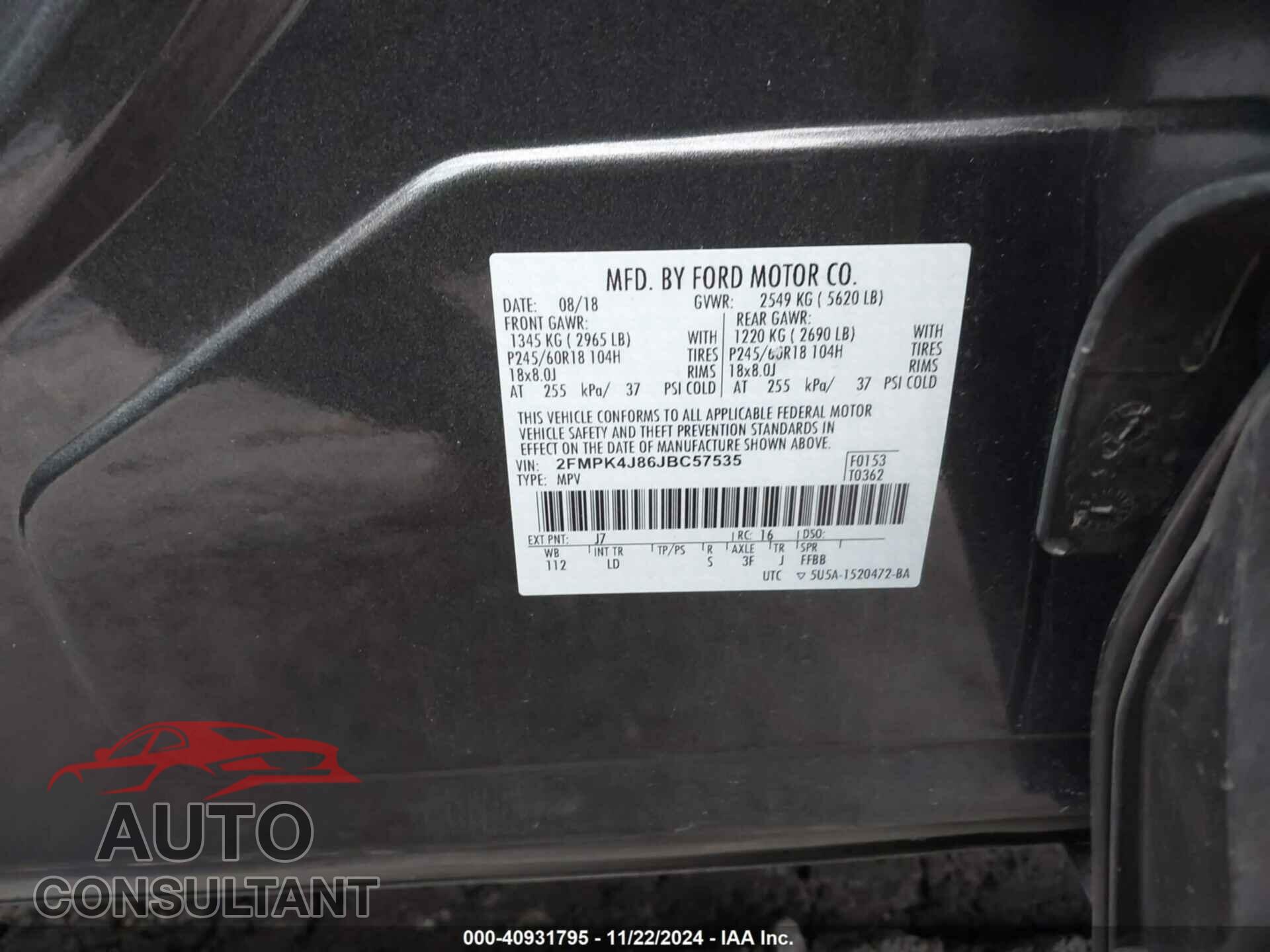 FORD EDGE 2018 - 2FMPK4J86JBC57535
