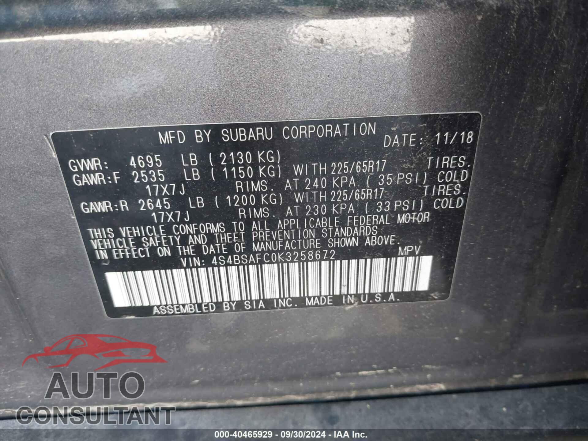 SUBARU OUTBACK 2019 - 4S4BSAFC0K3258672