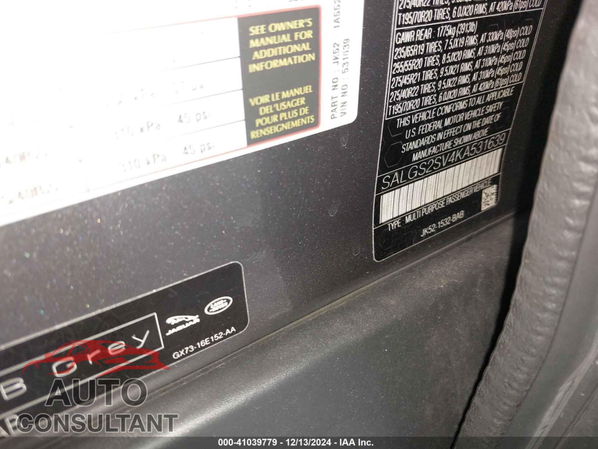 LAND ROVER RANGE ROVER 2019 - SALGS2SV4KA531639