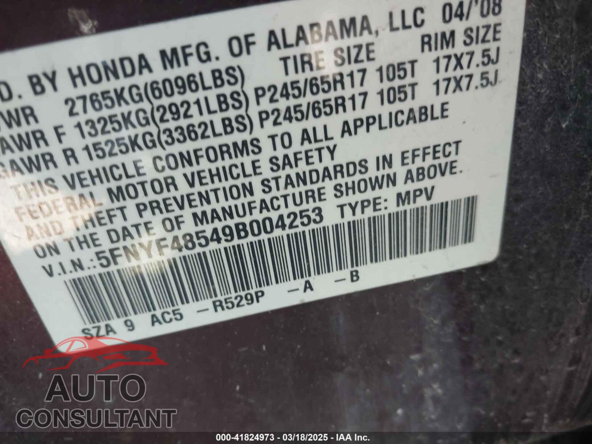 HONDA PILOT 2009 - 5FNYF48549B004253