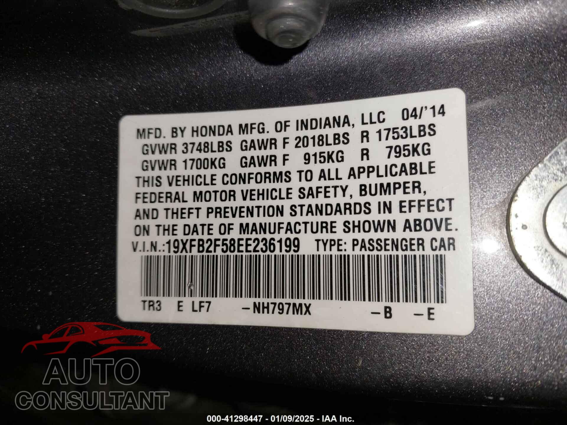HONDA CIVIC 2014 - 19XFB2F58EE236199