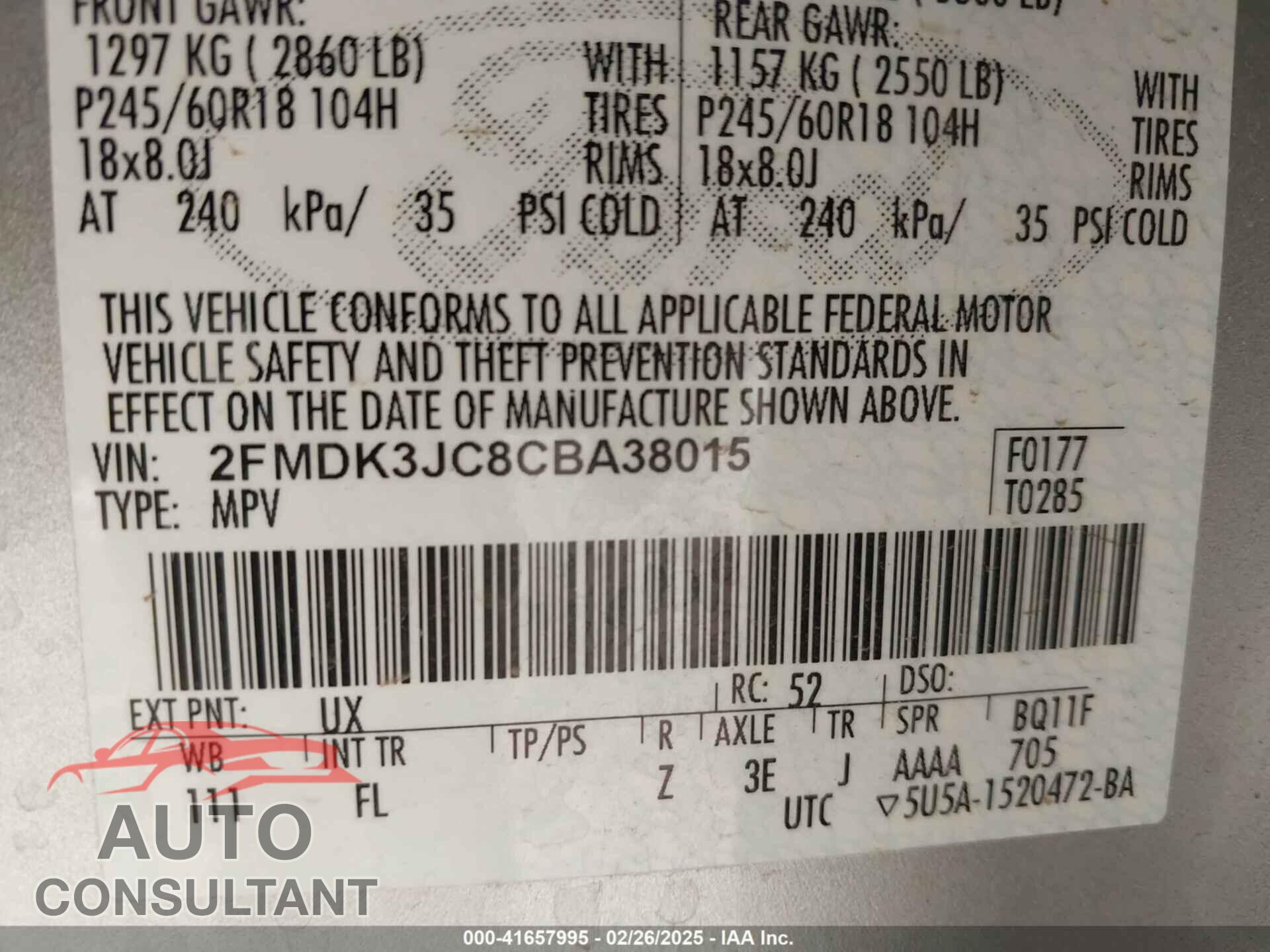 FORD EDGE 2012 - 2FMDK3JC8CBA38015