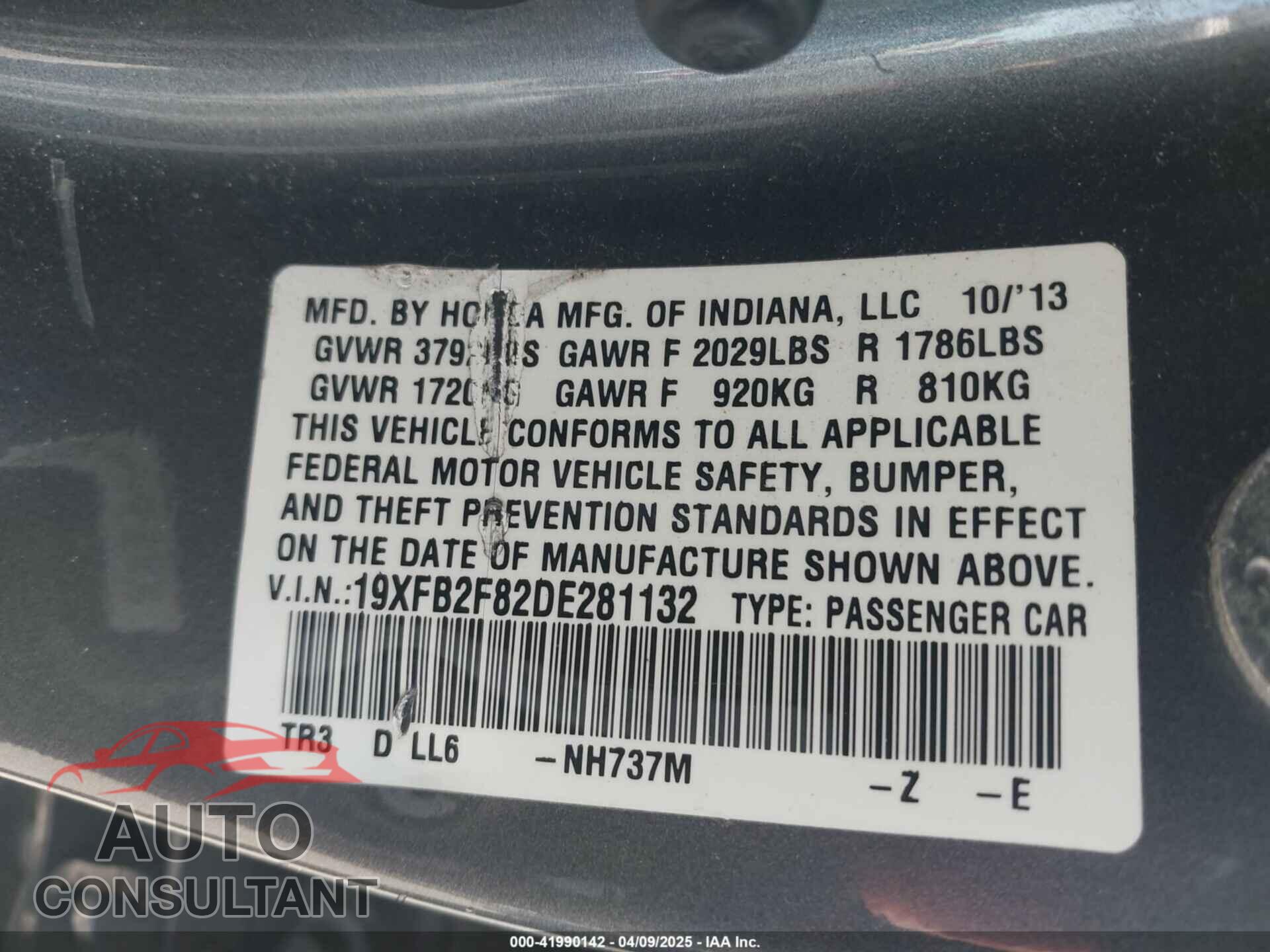 HONDA CIVIC 2013 - 19XFB2F82DE281132