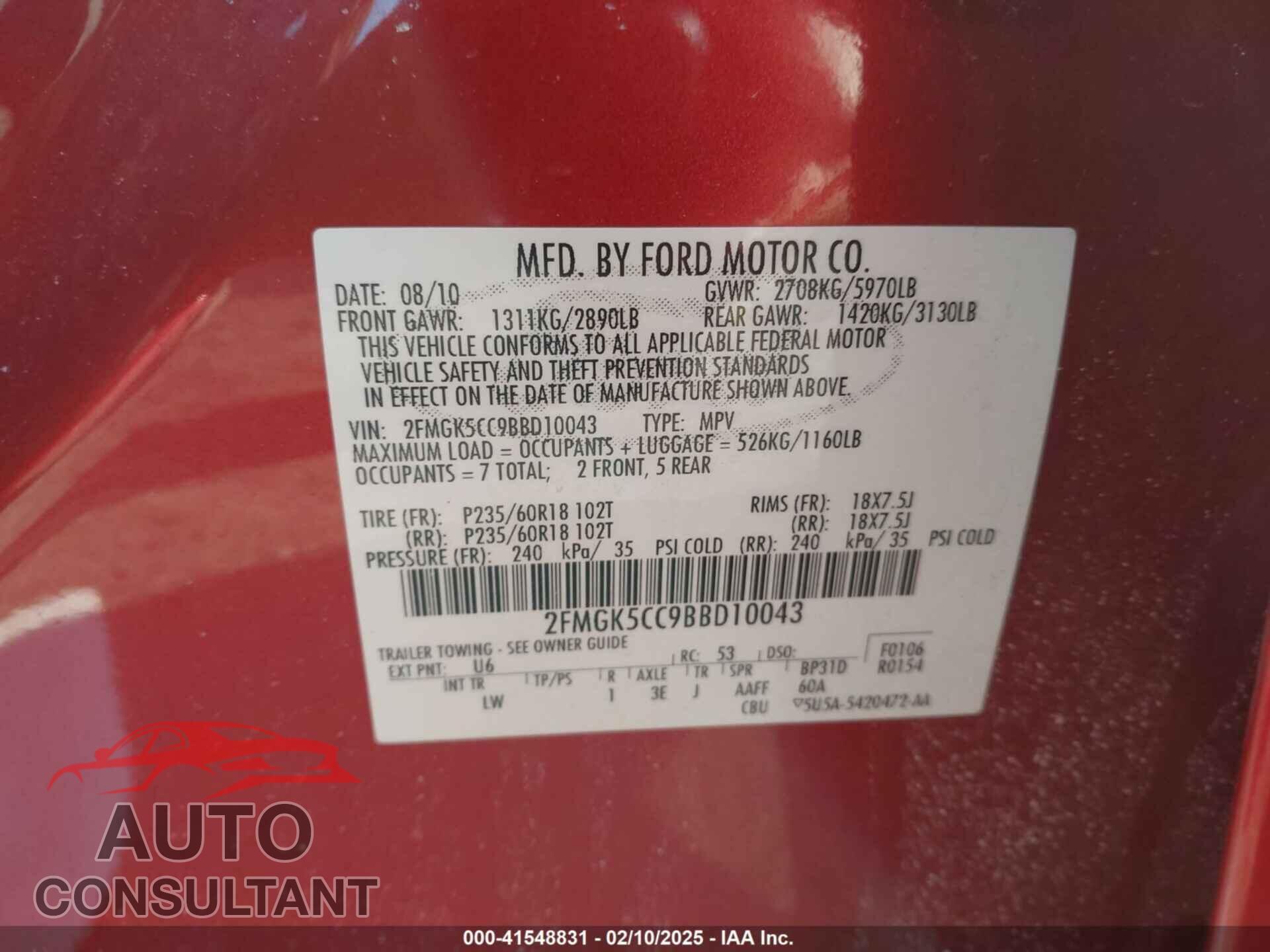 FORD FLEX 2011 - 2FMGK5CC9BBD10043