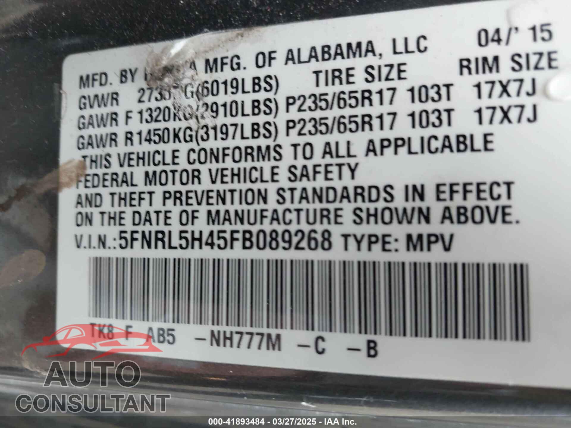 HONDA ODYSSEY 2015 - 5FNRL5H45FB089268