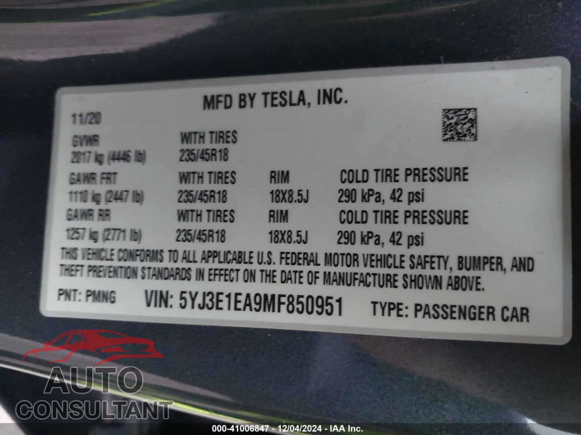 TESLA MODEL 3 2021 - 5YJ3E1EA9MF850951